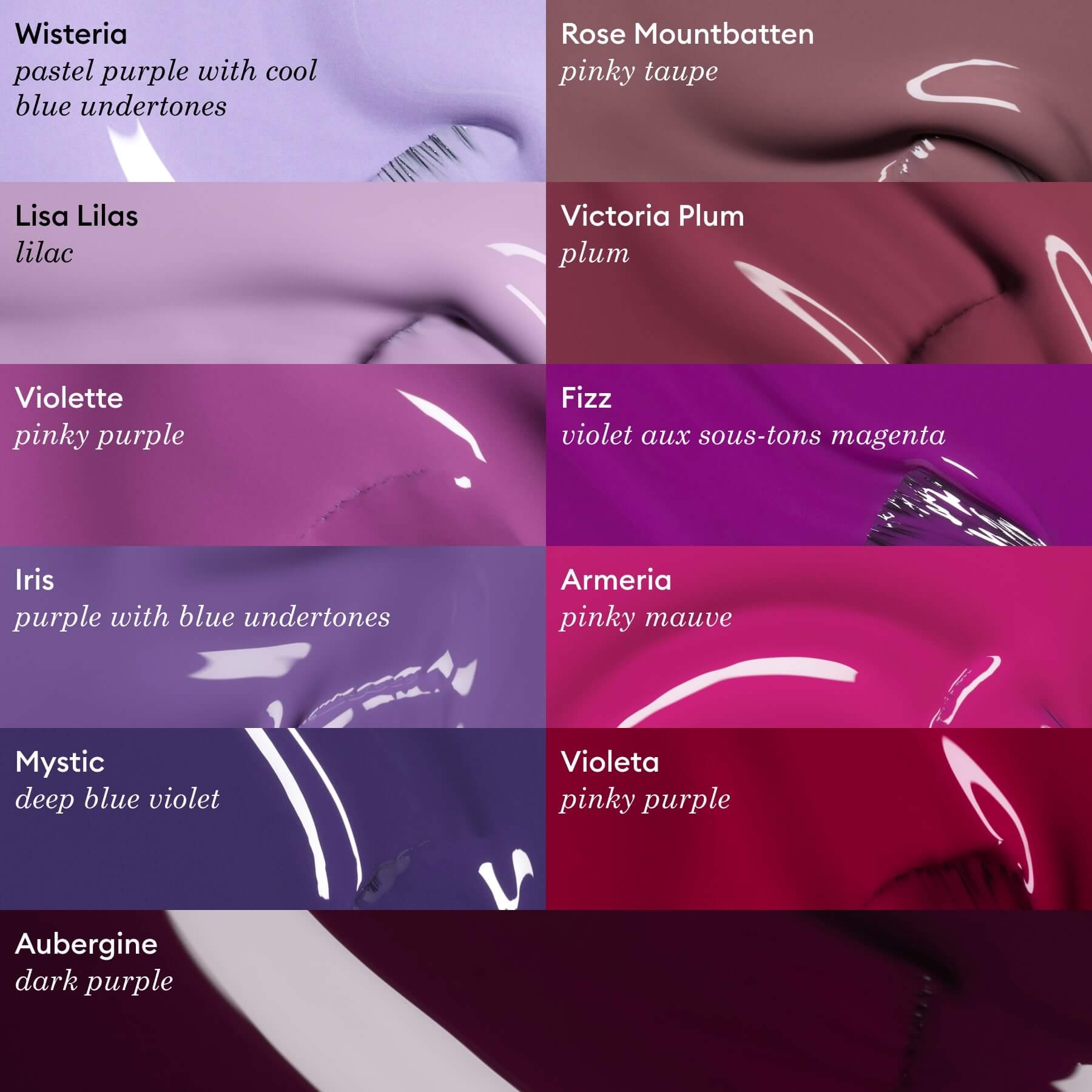 Nine Manucurist "Aubergine" nail polish swatches in purple shades, from pastel to deep plum and magenta violets, each with names and descriptions, are displayed on a glossy surface.