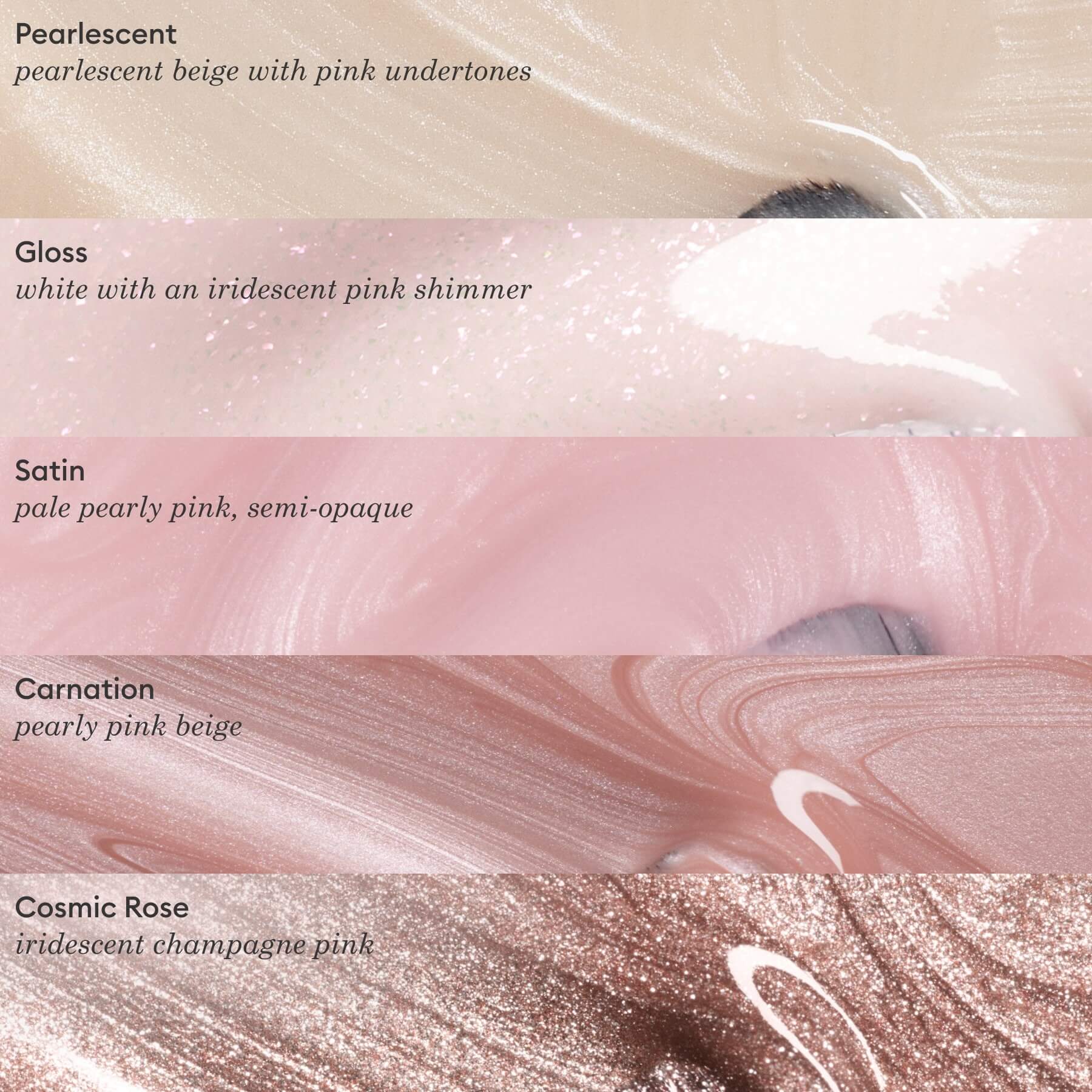 The Manucurist Pearlescent palette features five luminous pink and beige makeup swatches—Pearlescent, Gloss, Satin, Carnation, and Cosmic Rose—in shimmery and creamy finishes.
