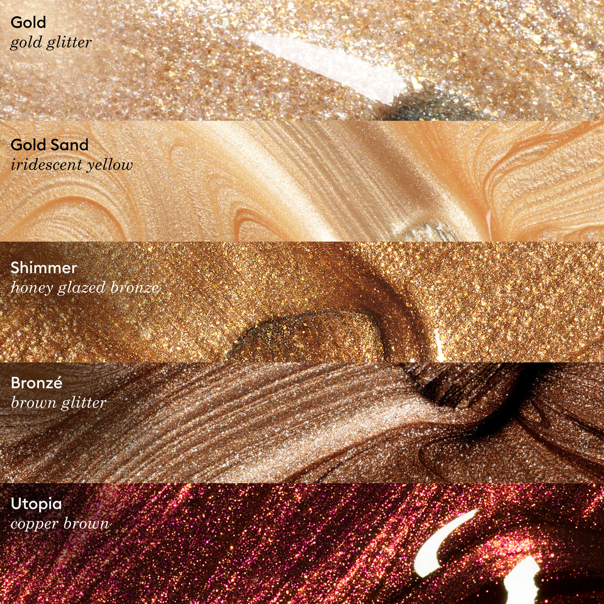 Five shimmery Manucurist Bronzé makeup swatches: Gold (gold glitter), Gold Sand (iridescent yellow), Shimmer (honey bronze), Bronzé (brown glitter gel polish), and Utopia (copper shine).
