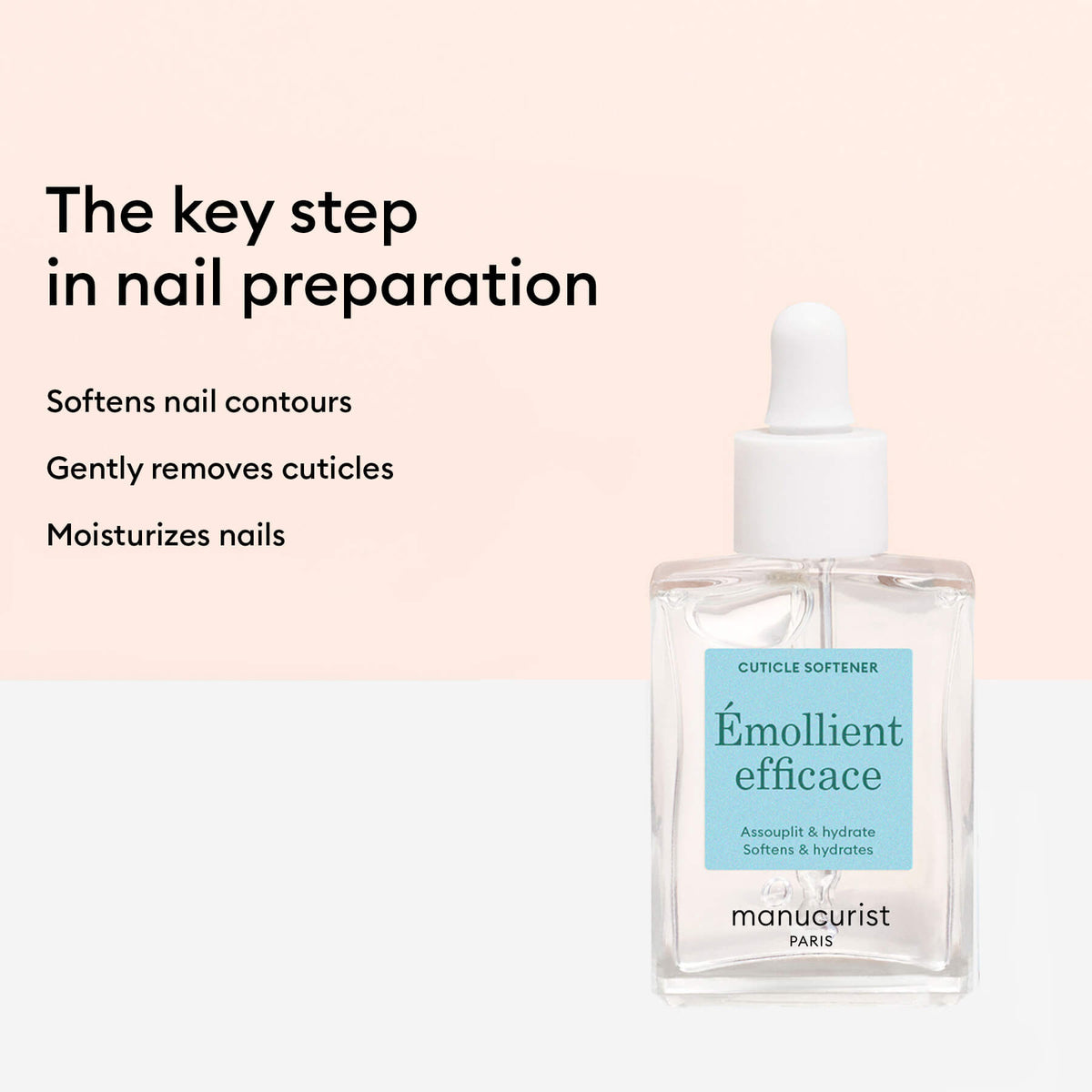 A clear glass dropper bottle of Manucurist Hydrating Cuticle Remover sits on a pale surface, with text highlighting its benefits: it softens nail contours, gently removes cuticles, and moisturizes for a flawless manicure.