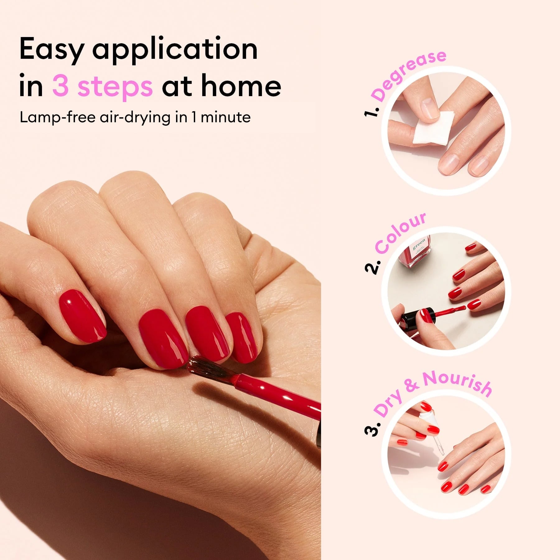 A hand is shown applying Manucurist’s Pale Rose nail polish in three steps: degreasing nails with a wipe, applying Pale Rose from the Green™ range, and finishing by drying and nourishing. Text reads: Easy 3-step application at home.