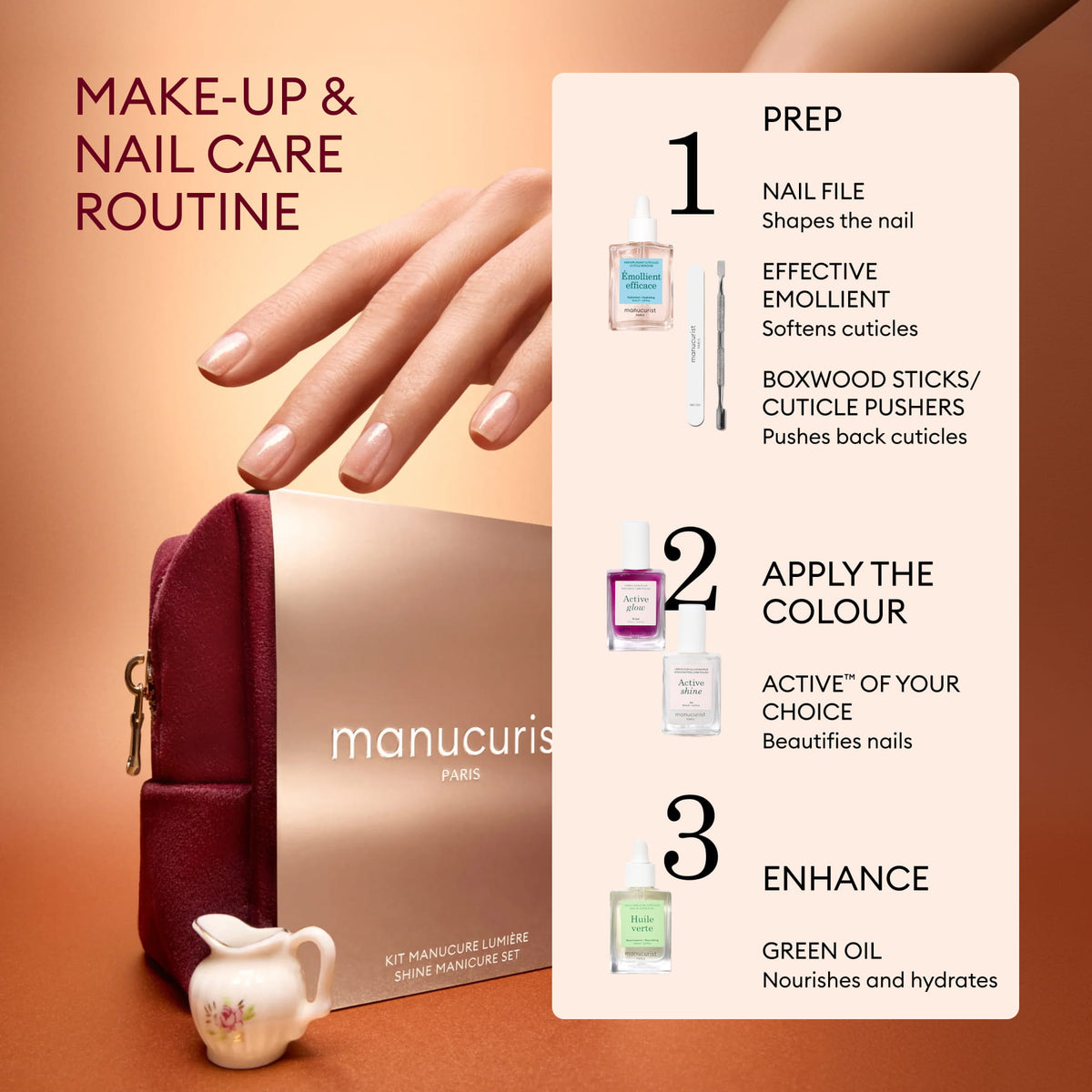 A hand with polished nails hovers over the Manucurist Active™ Travel-Size Duo—an ideal holiday gift set. Text details a simple 3-step nail care routine: prep nails with the included file and emollient, apply your favorite color or glitter polish, and finish with nourishing green oil. The shot showcases two nail products from the duo alongside a stylish manicure bag.