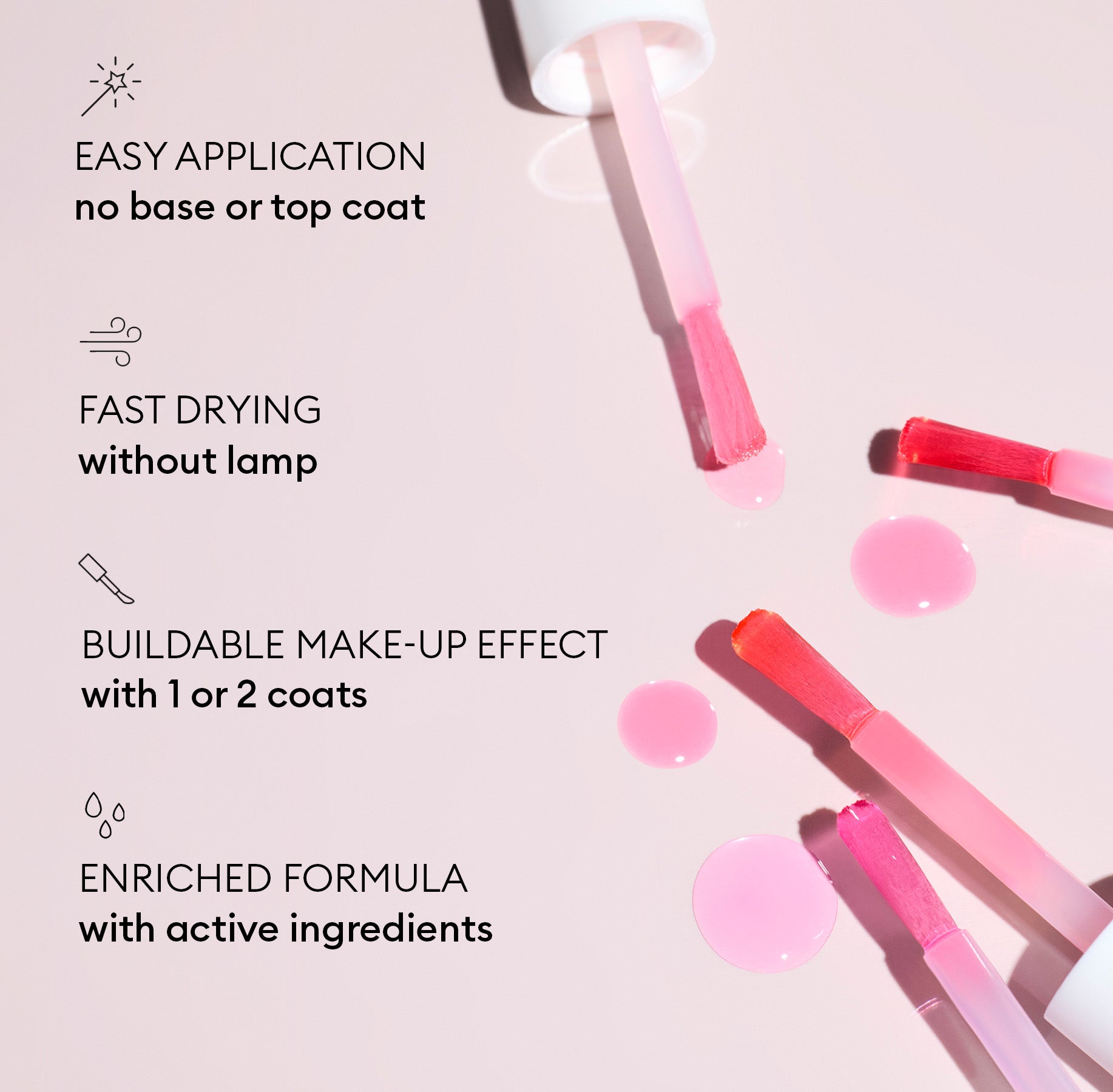 Four Active Glow Blueberry nail polish brushes by Manucurist on a light surface show vibrant pink drops; features include easy application, fast drying, buildable effect, and a plant-based formula with active ingredients for advanced nail care.