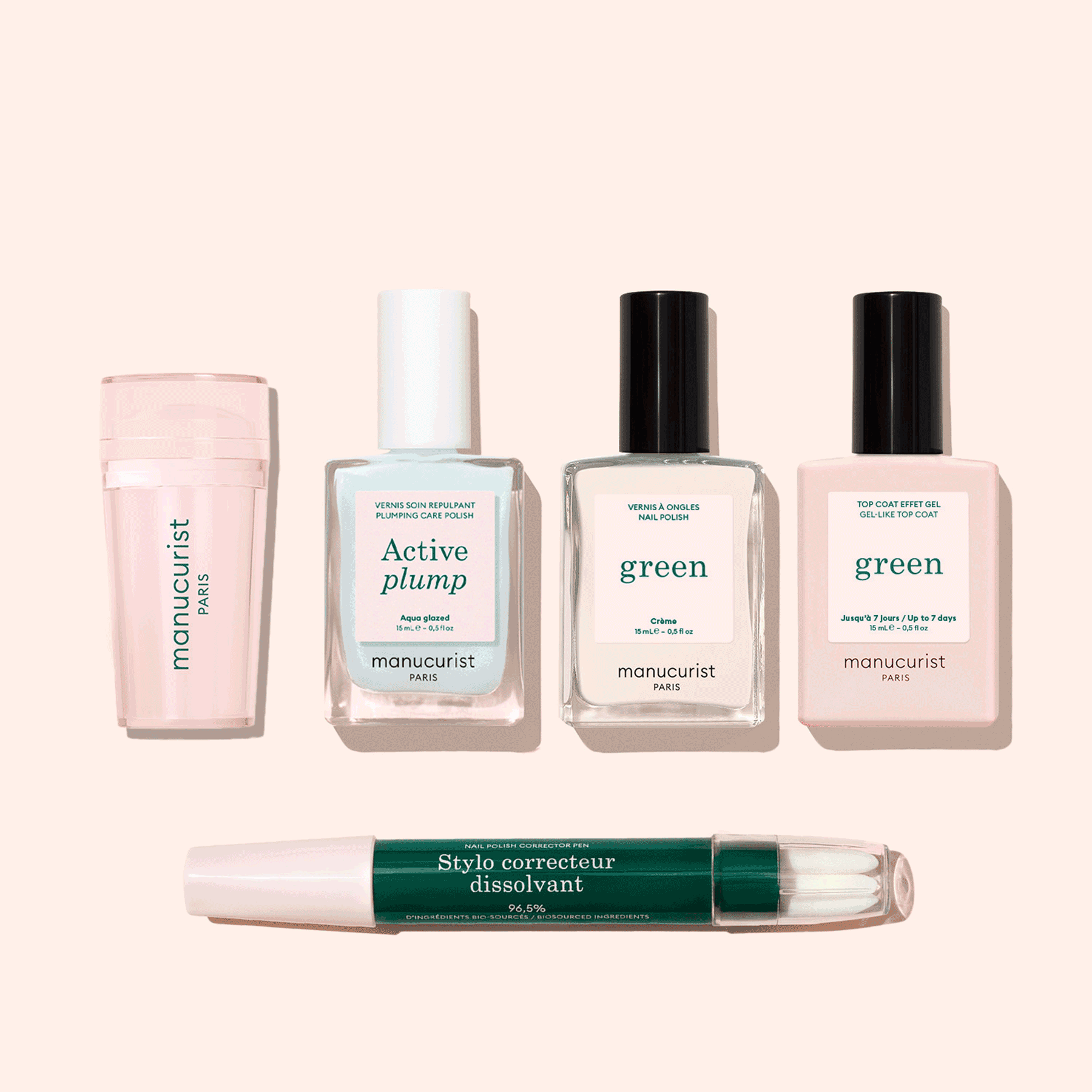 The Manucurist French Active™ Kit includes a pink Mani stamper, “Active blur,” two “green” polishes, and a “Stylo correcteur dissolvant” pen—everything you need for flawless French tips.