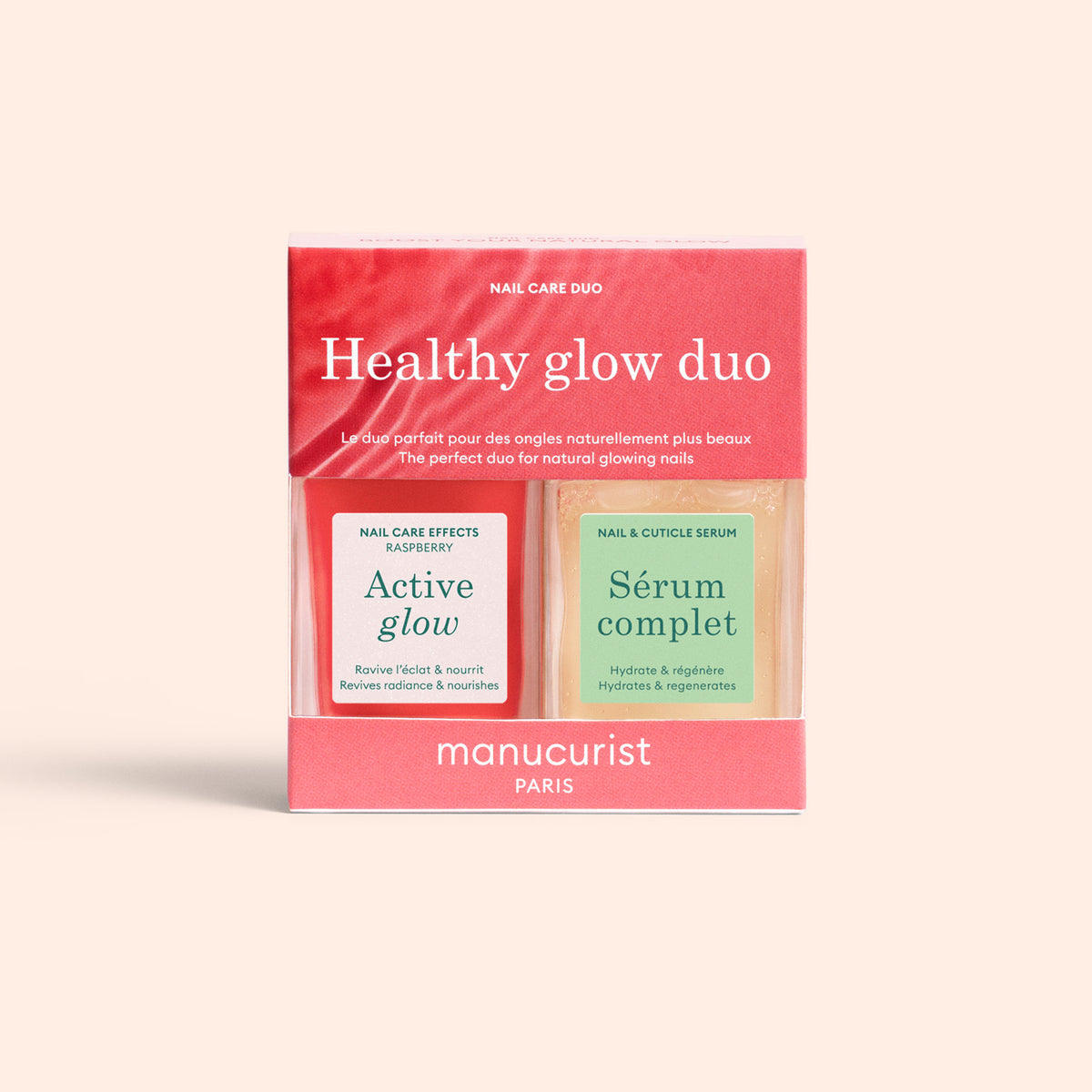 The Healthy Glow Duo by Manucurist includes two nail care essentials—Active Glow and Sérum Complet—in pink and beige packaging with white and green accents, ideal for nail care enthusiasts.