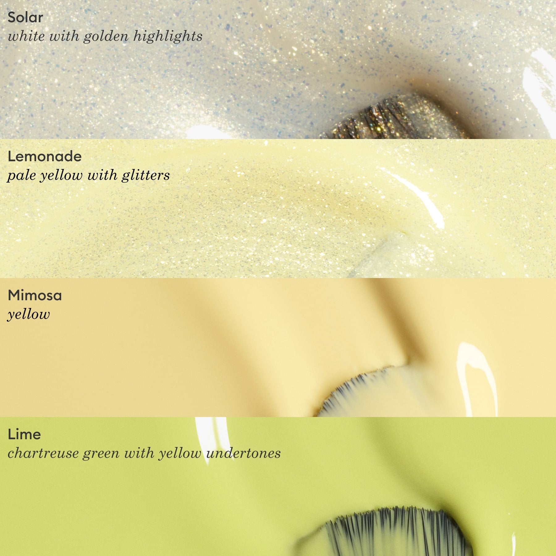 Four close-up nail polish swatches are shown: Lemonade by Manucurist (pale yellow gel polish with glitters), Solar (white LED gel polish with golden glittering highlights), Mimosa (yellow), and Lime (chartreuse green with yellow undertones).