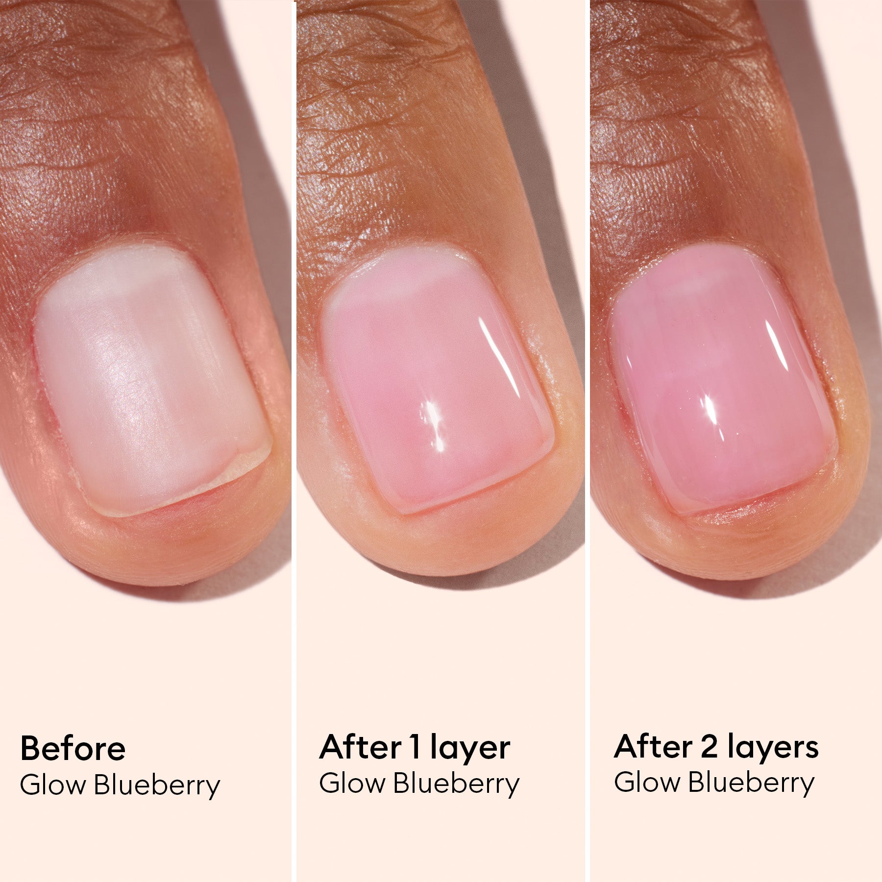Three close-up images of a thumbnail demonstrate the application of Manucurist’s Active™ Glow Blueberry: from a bare nail, to one coat of the sheer pinkish-blue polish, to two layers that become increasingly opaque and glossy. Text highlights each stage, underscoring how regular nail care with Active™ Glow Blueberry delivers lasting radiance and shine.