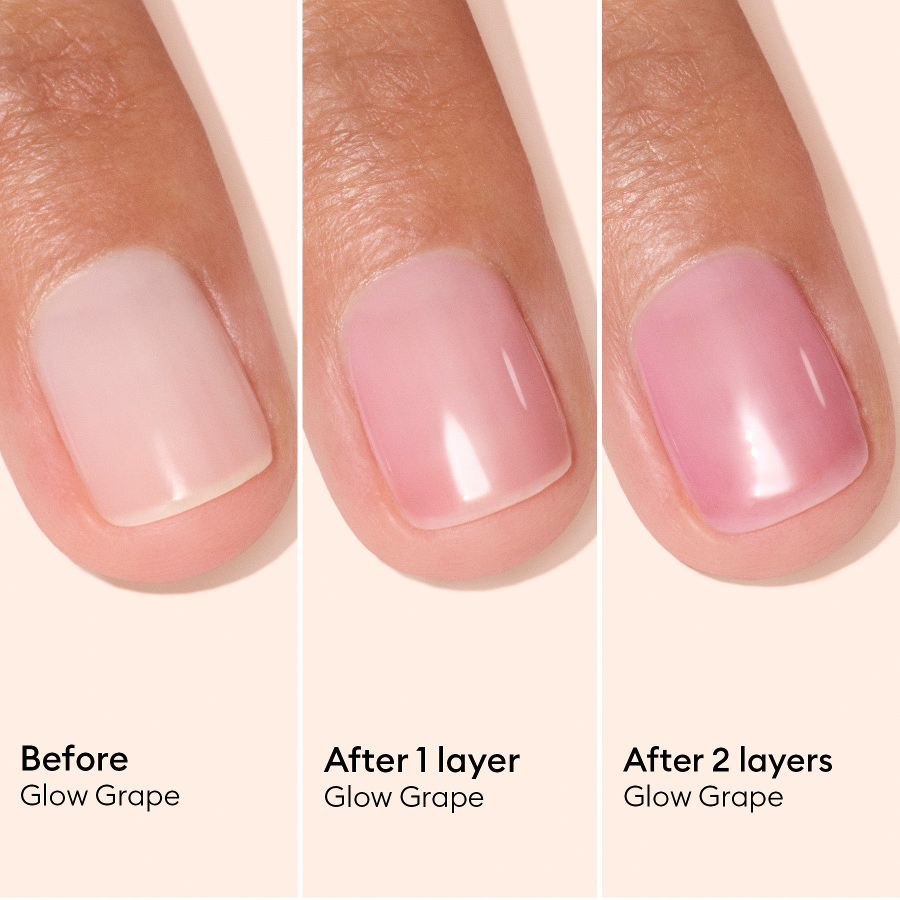 A close-up of a fingernail is shown before polish, after one layer of Manucurist Active™ Glow Grape, and after two layers—demonstrating how each coat enhances color intensity and a natural, healthy shine. This polish is an ideal choice for anyone seeking both vibrant color and expert nail care.