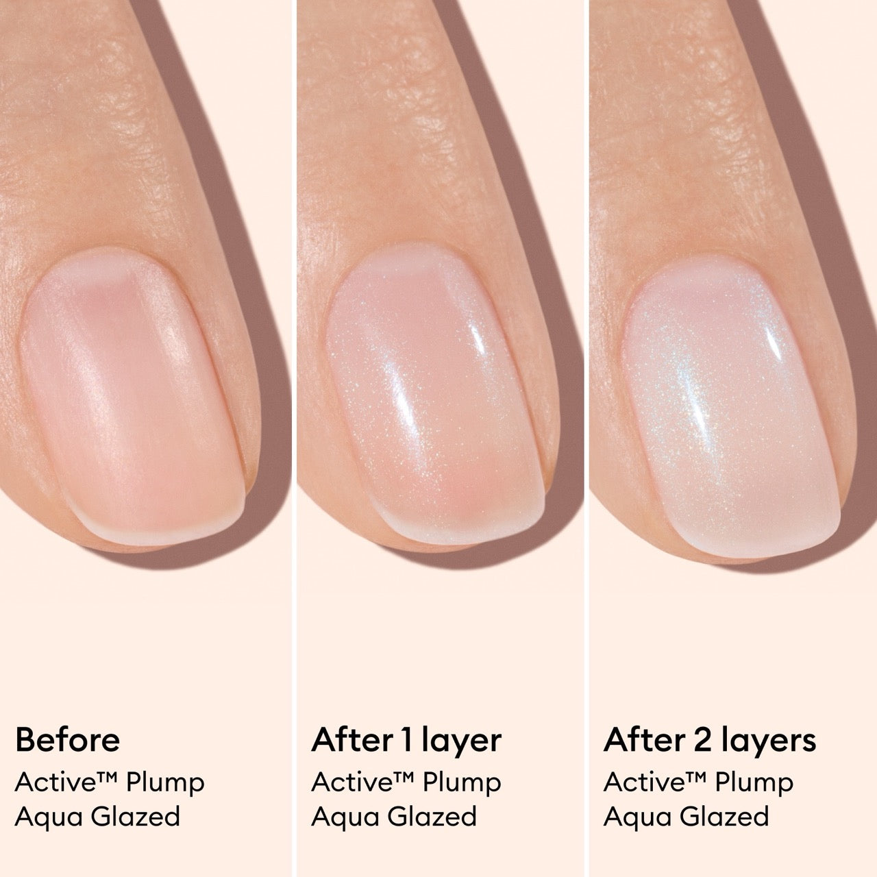 Three fingernails shown: left is bare, middle features one coat of Manucurist Active™ Plump Pink Glazed collagen nail polish for hydrated nails, right displays two coats for an even glossier look. Labels underneath read: Before, After 1 layer, After 2 layers.