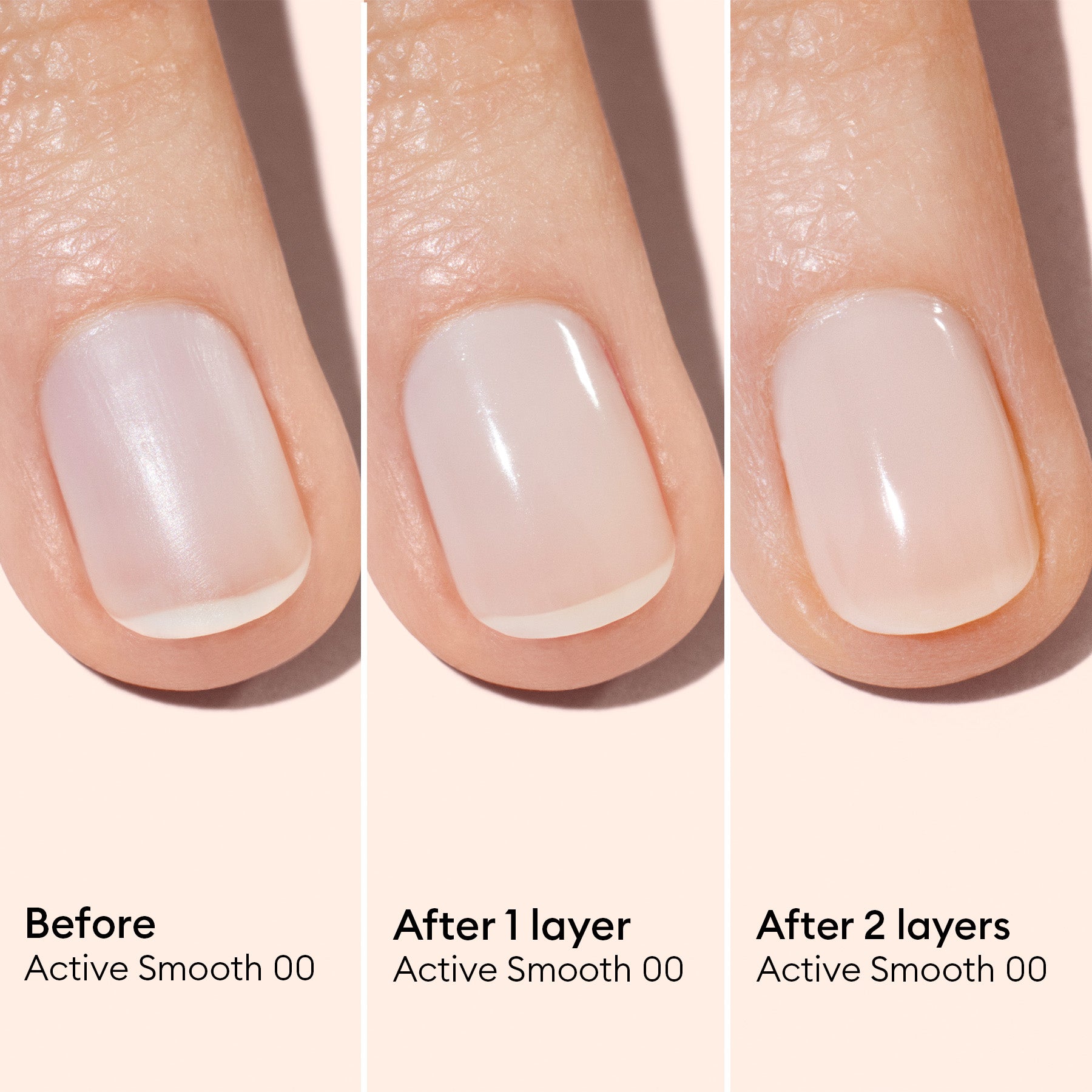 Three close-up images of a fingernail: before applying nail polish, after one layer, and after two layers of Manucurist Active™ Smooth 00, clearly demonstrating enhanced smoothness and shine for advanced nail care.