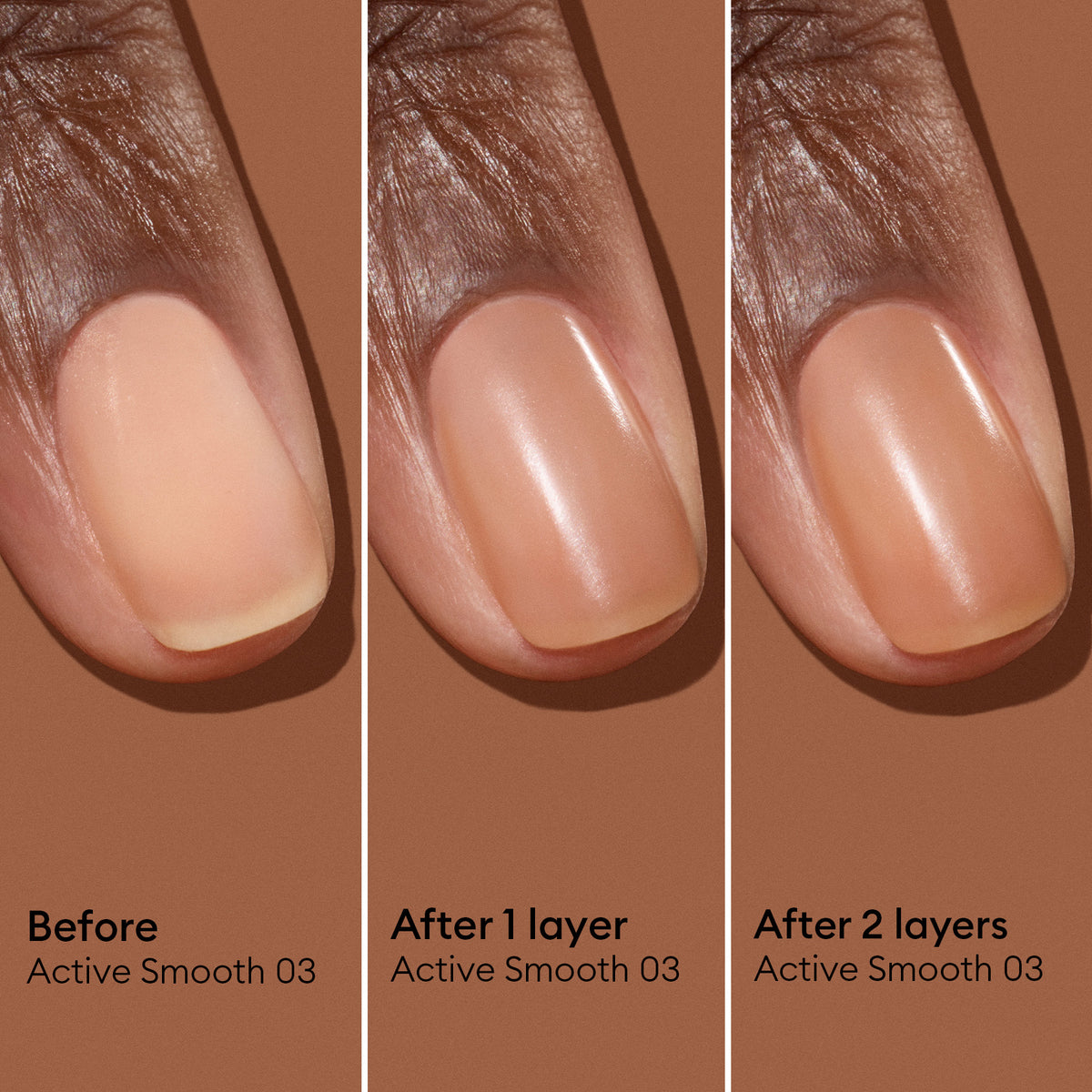 Three close-up images of a fingernail display the progression of nail polish: starting with a bare nail, followed by one coat, and then two coats of Manucurist Active™ Smooth 03. With each layer, the color becomes increasingly opaque, showcasing the polish’s refined bronze satin finish and its commitment to advanced nail care.
