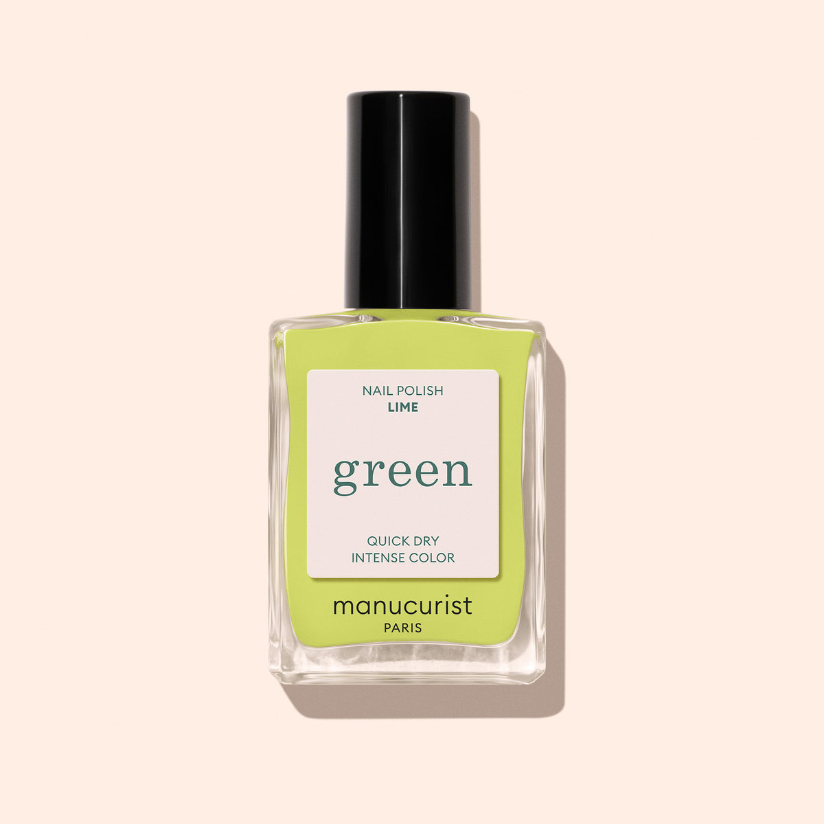 Manucurist Lime nail polish is a vivid chartreuse green with citrus undertones, fast-drying and intensely colored, presented in a bottle with a black cap and label.