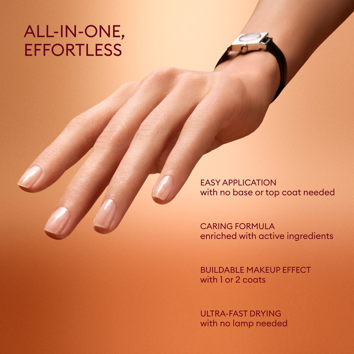 A hand with polished nails is shown wearing a watch, next to text highlighting features of the Manucurist Active™ Travel-Size Duo: easy application, caring formula for essential nail care, buildable effect, and ultra-fast drying.