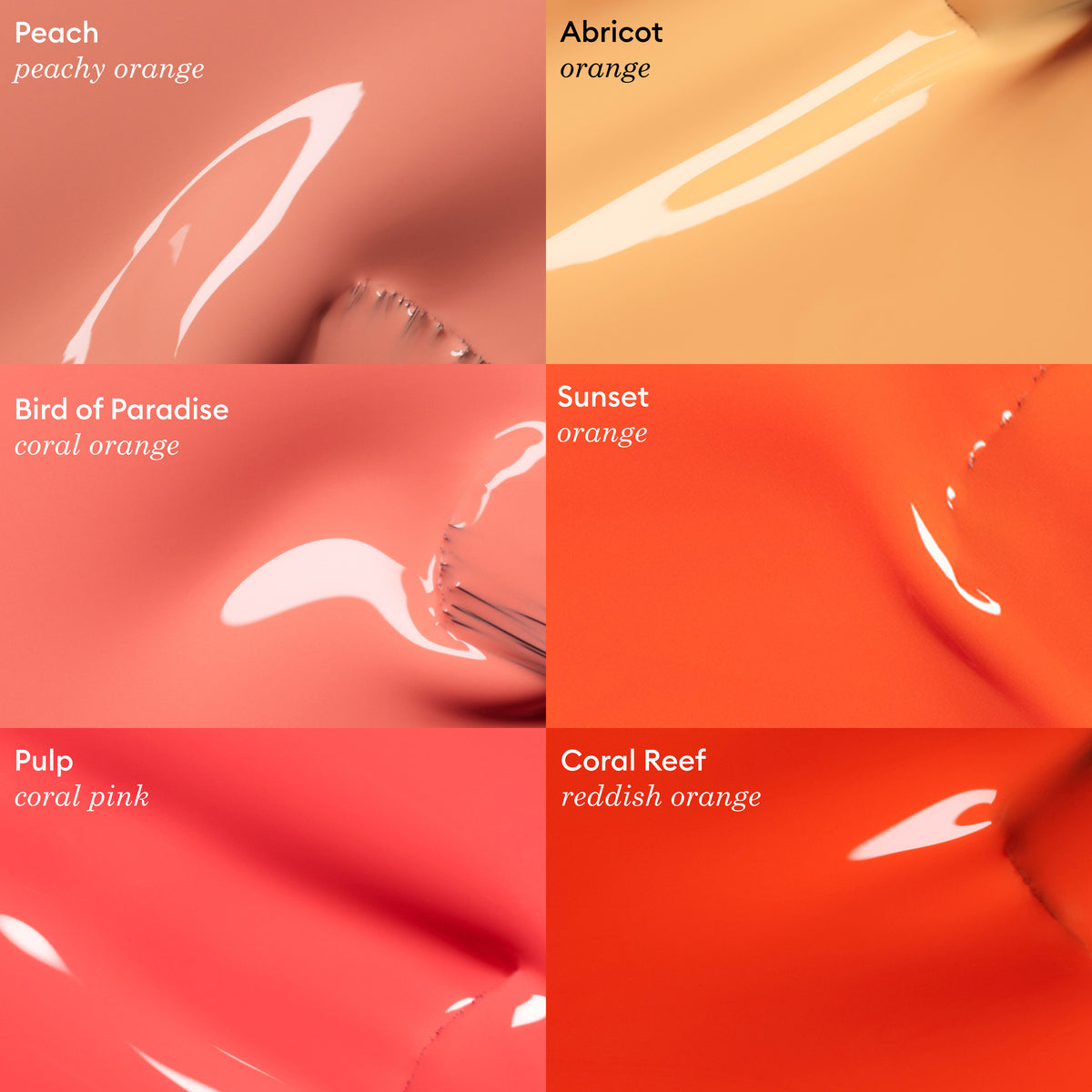 A grid of six glossy Manucurist paint swatches, including Pulp (coral pink), offers vibrant shades—perfect inspiration for your next coral pink gel polish manicure.