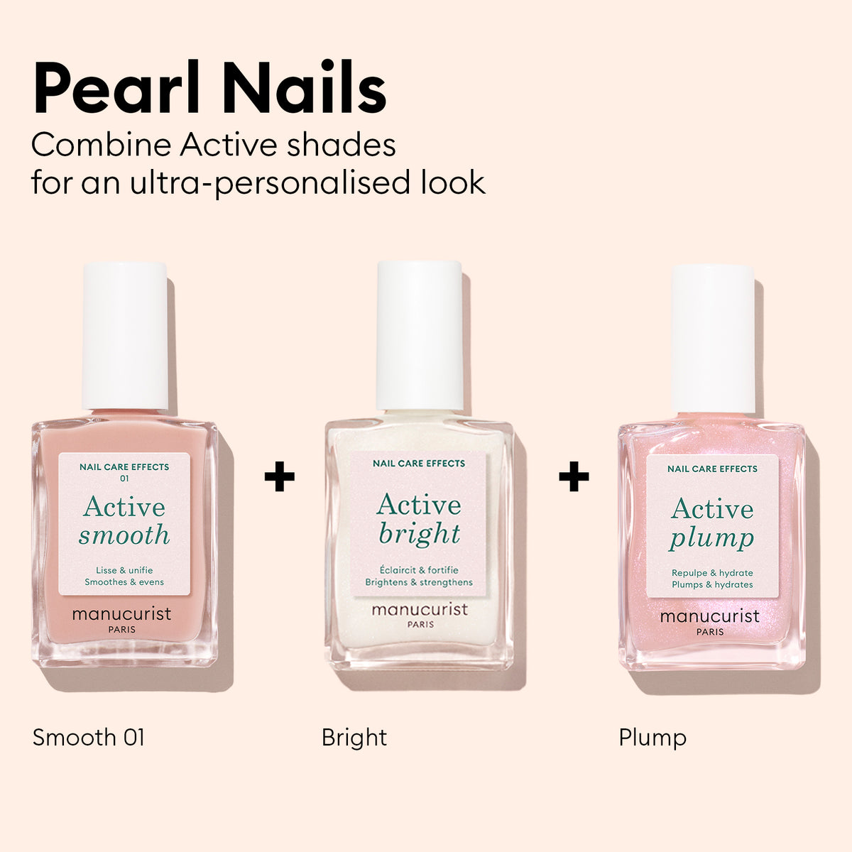 Three bottles of Manucurist nail polish, including the Active™ Plump Pink Glazed shade, are arranged side by side on a light background, showcasing customizable pearl nail effects with innovative collagen-infused formulas for stronger, hydrated nails.