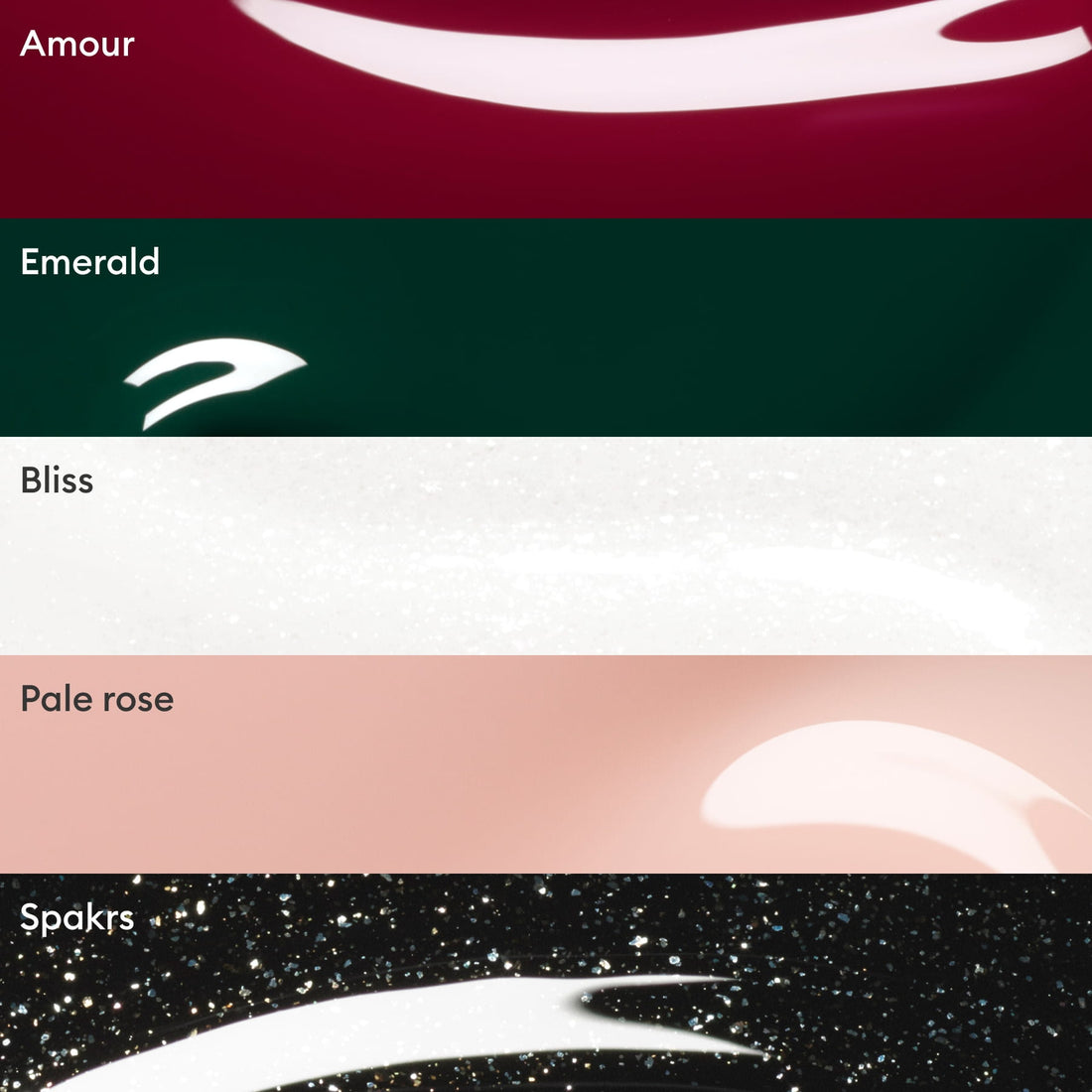 Five nail polish swatches labeled Amour (dark red), Emerald (dark green), Bliss (white), Pale Rose (light pink), and Sparks (black with glitter) are displayed, each with a swoosh of glossy polish. The Manucurist Customisable Rainbow Green set features eye-catching shades—including dazzling green—perfect for anyone who loves trying bold colors or creating their own unique rainbow nail look.
