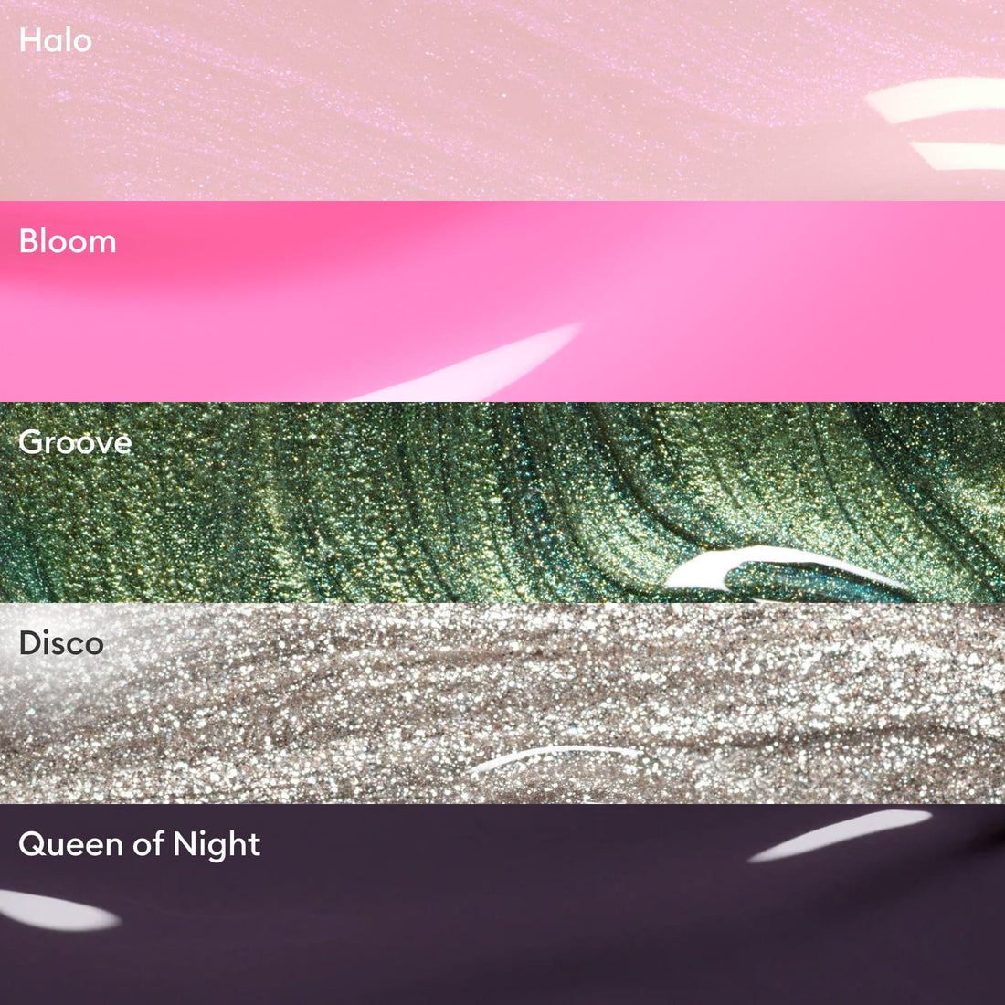 Five manicures from Manucurist’s Rainbow Collections—Halo (shimmery pink), Bloom (bright pink), Groove (metallic green), Disco (silver glitter), and Queen of Night (deep purple)—are shown in horizontal stripes, each labeled by name.