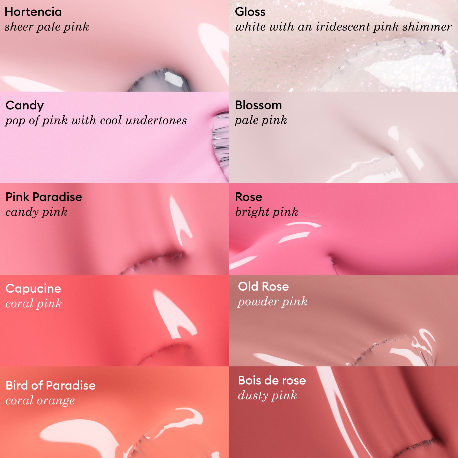 A grid of nine Manucurist nail polish swatches in pink and coral shades, including the Green Flash gel polish "Blossom"—a creamy pale pink—each swatch labeled with its name, such as Hortencia, Candy, and Rose.