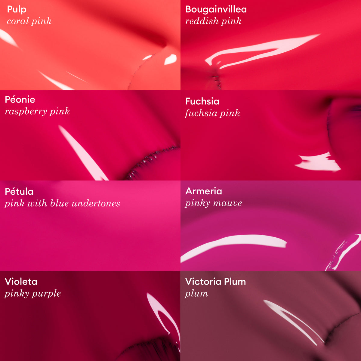 Eight painted nail polish swatches in pink and purple shades, each labeled: Pulp, Bougainvillea, Pivoine, Fuchsia (Manucurist fuchsia pink gel polish), Pétula, Armeria, Violeta (pinky purple), and Victoria Plum.