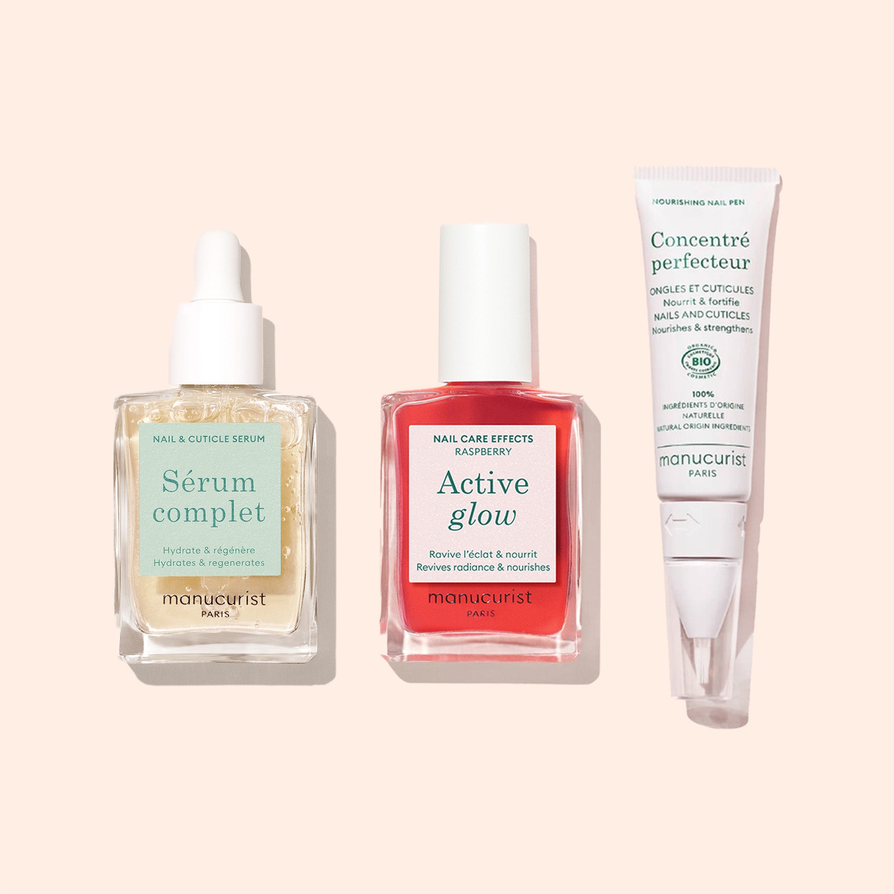 The Manucurist Basic Routine - Sensitive Nails set features three products: Sérum Complet with a dropper, Active Glow nail care polish, and Concentré Perfecteur for nails and cuticles.