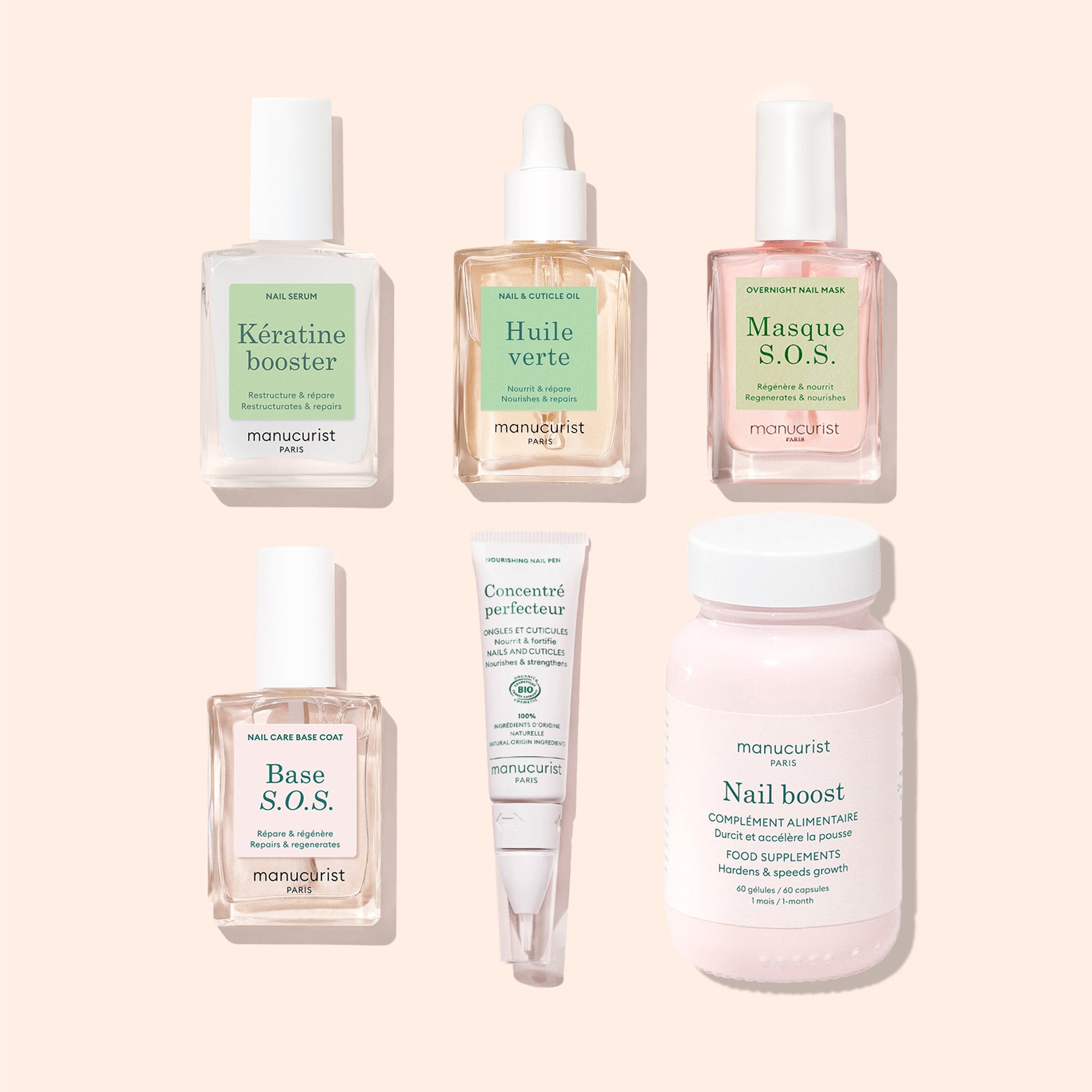 Manucurist’s Ultimate Routine - Soft Nails set, featuring six manicure and nail care essentials like serum, masks, growth booster, and cream, is neatly arranged on a light beige background.