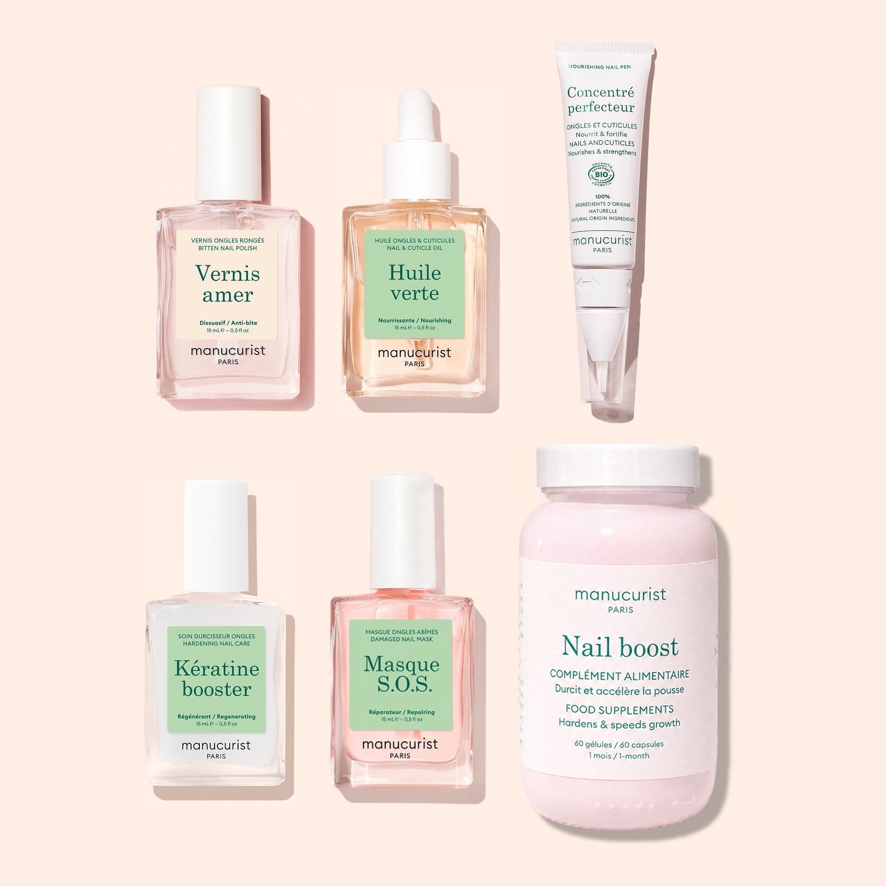 Six manicure products from Manucurist’s Ultimate Routine - Bitten Nails set—including a nail polish, green oil, perfecting concentrate, keratin booster, SOS mask, and a powder supplement for nail strengthening and overall care—are arranged neatly on a light beige background.