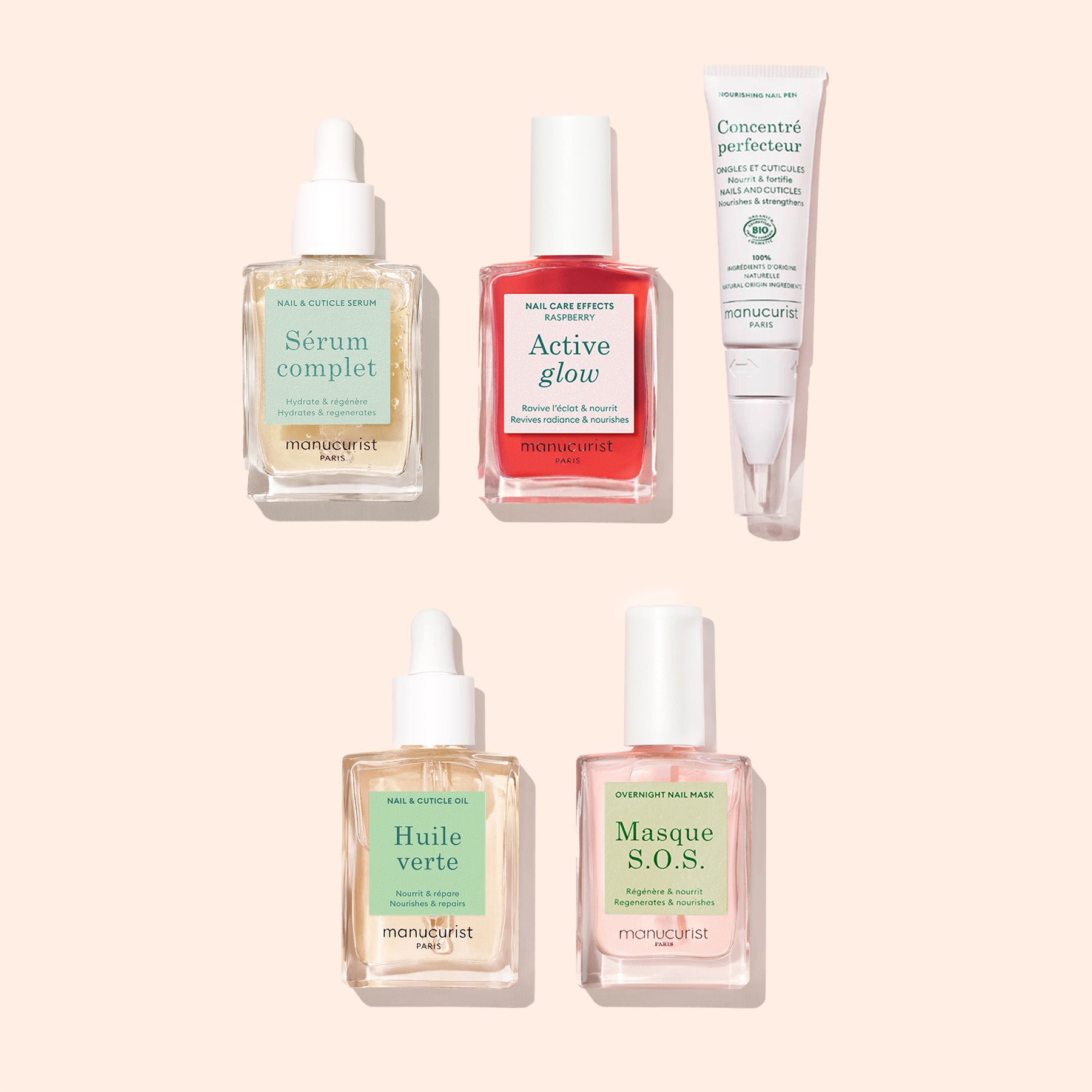 Manucurist’s Basic Routine - Sensitive Nails, featuring five essentials, is displayed on a light beige background to help strengthen and moisturize nails for a healthy finish.
