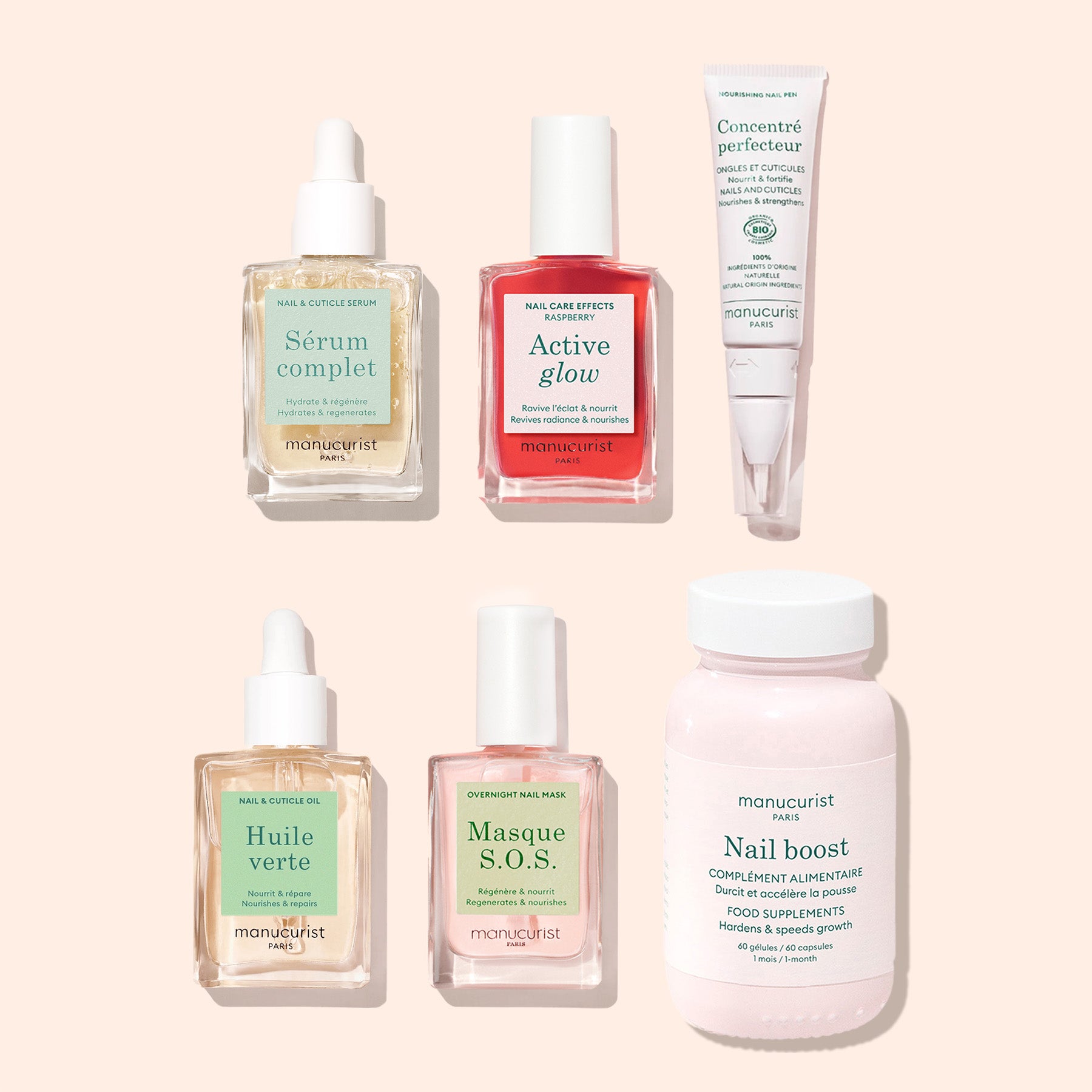 Six Manucurist Ultimate Routine - Sensitive Nails products in clear and pink bottles and tubes, including serums, oils, a mask, a supplement bottle, and nail treatment, are arranged on a light beige background to nourish nails.