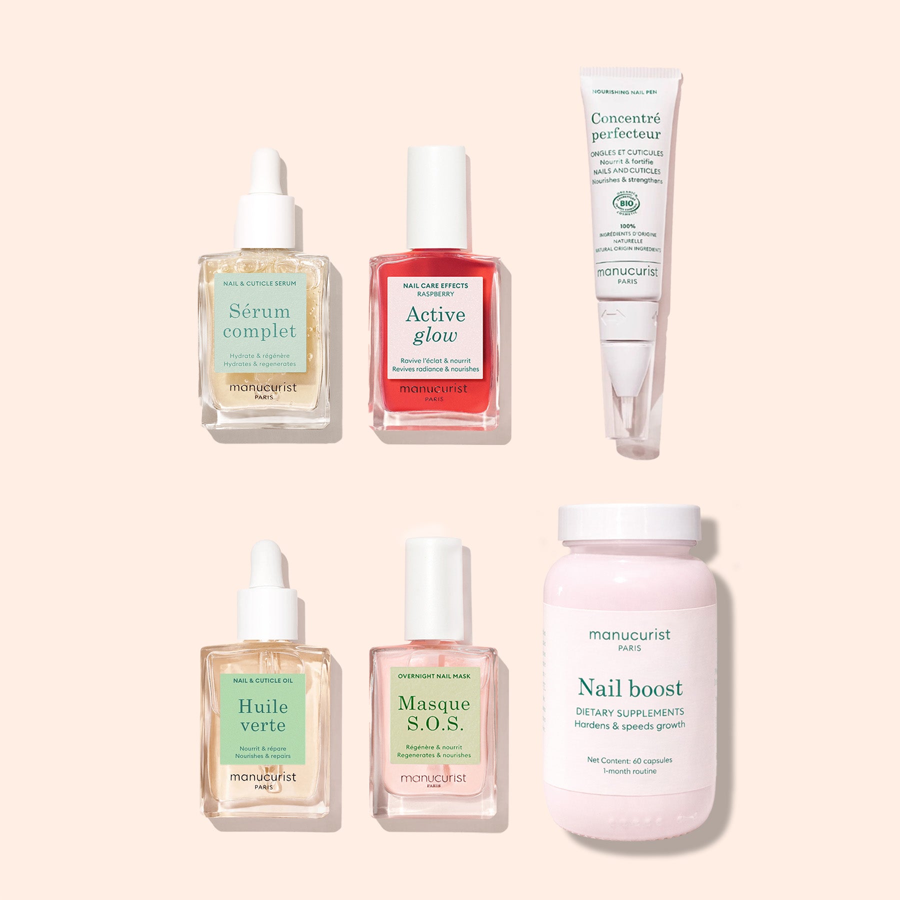Six Manucurist Ultimate Routine - Sensitive Nails products in clear and pink bottles and tubes, including serums, oils, a mask, a supplement bottle, and nail treatment, are arranged on a light beige background to nourish nails.