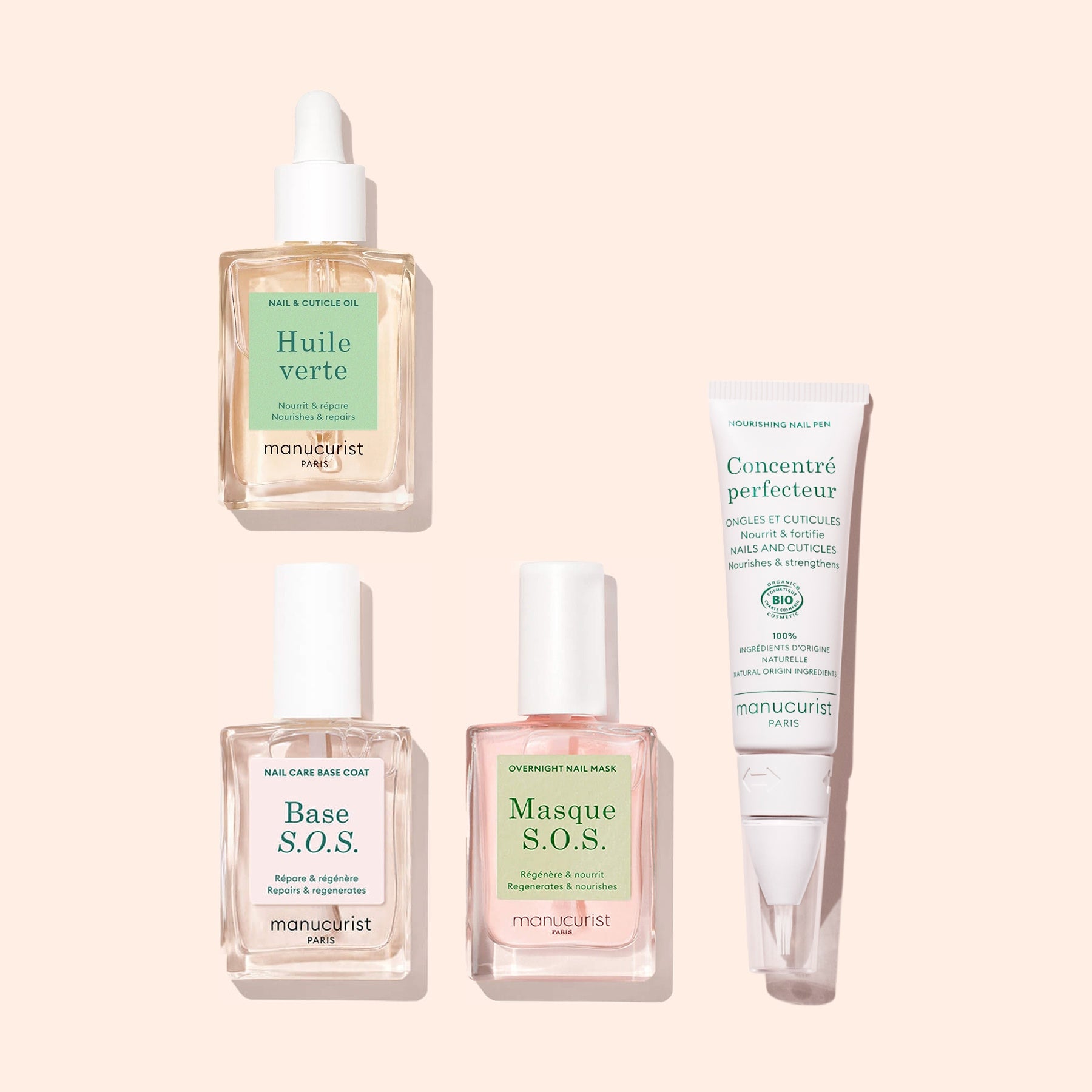 Four Manucurist Starter Routine - Damaged Nails products, including nourishing cuticle oil and keratin booster, are displayed on a light pink background in clear bottles and a white tube with green accents.