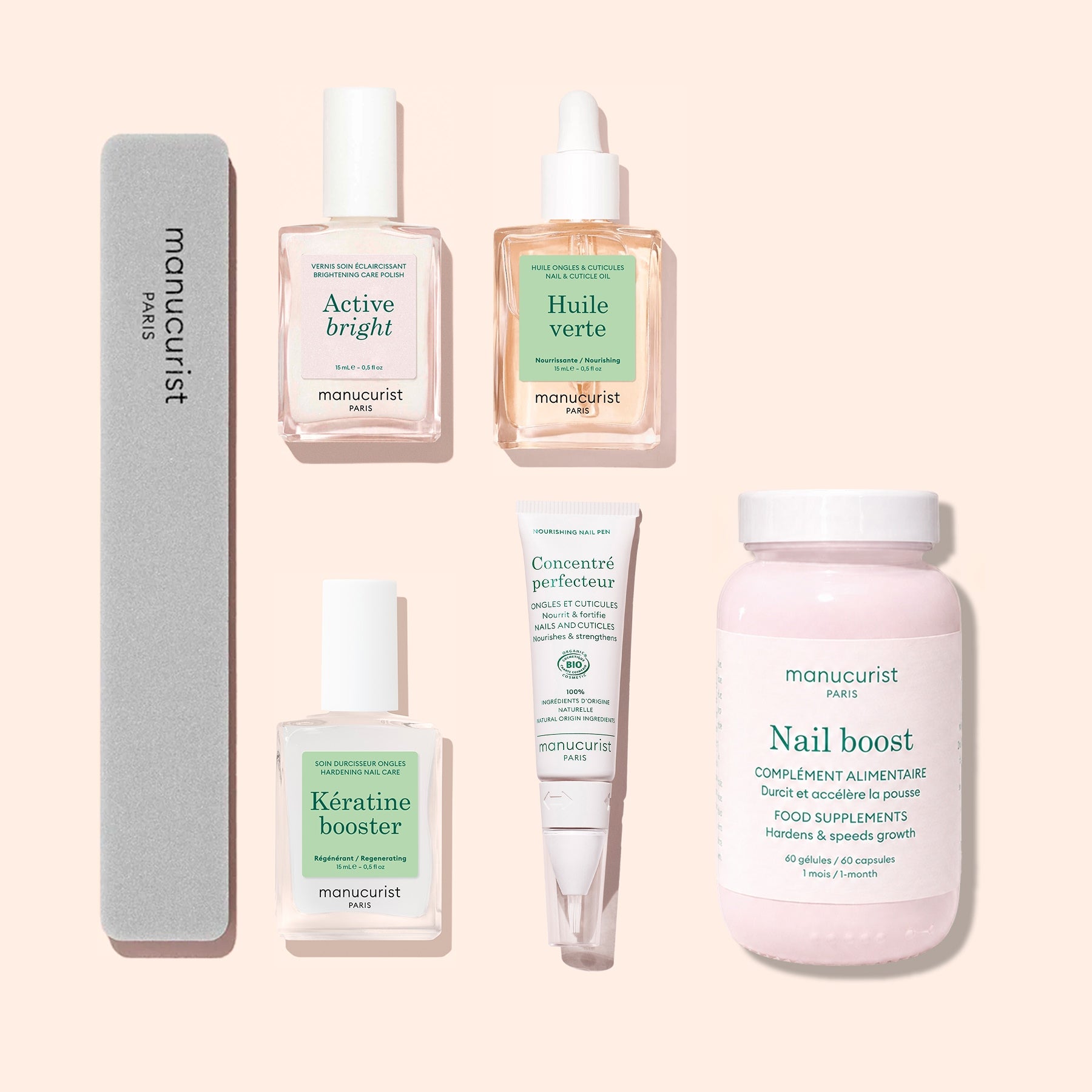 The Ultimate Routine - Yellow Nails by Manucurist, featuring five essential nail care products—a nail file, nail polishes, serum, cream, and a jar of supplements—is arranged neatly on a pale pink background to elevate your nail care routine.