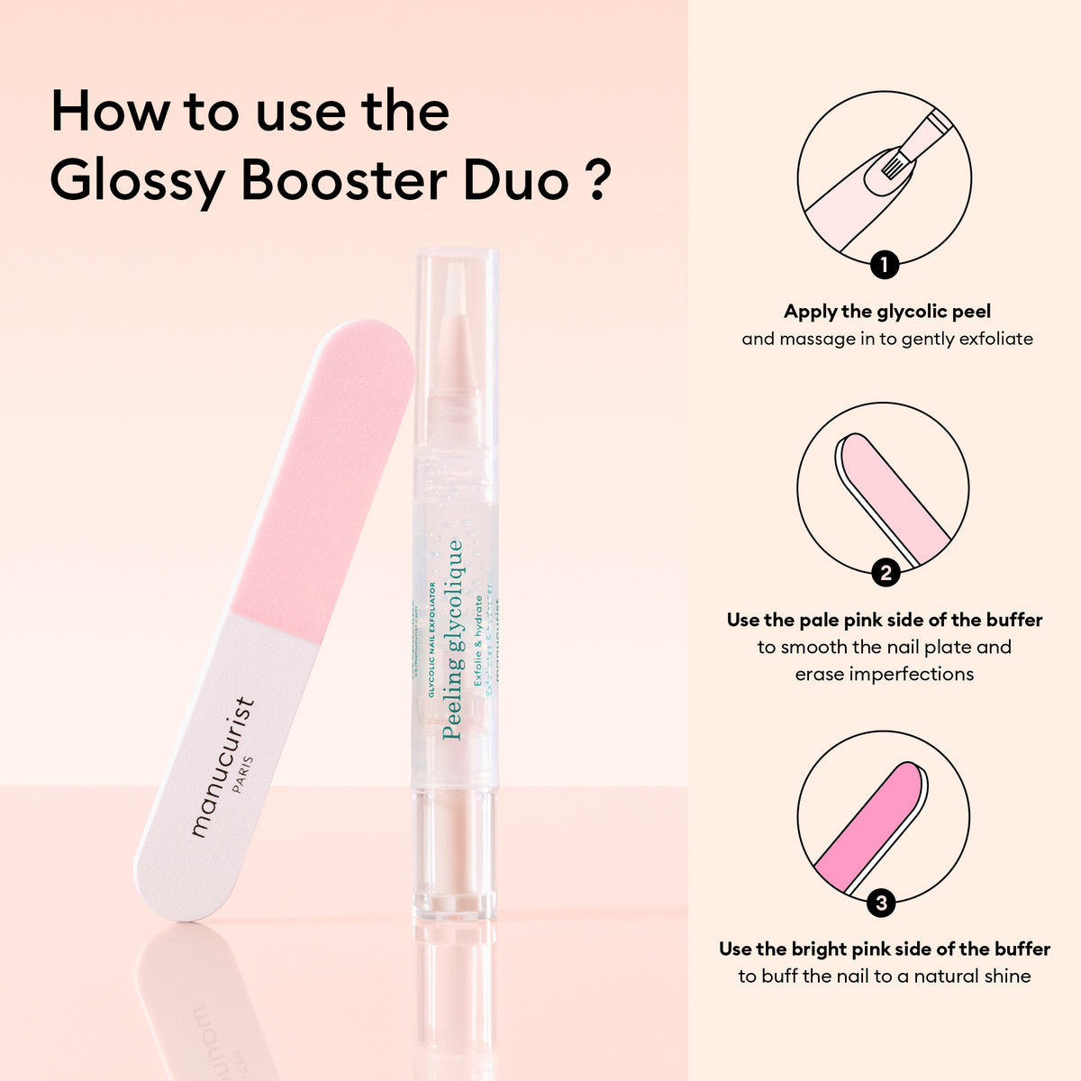 The Manucurist Glossy Booster Duo includes a nail buffer and glycolic exfoliator pen. For glossy nails, apply and massage the exfoliator, use the white buffer to smooth, then the pink side for extra shine.