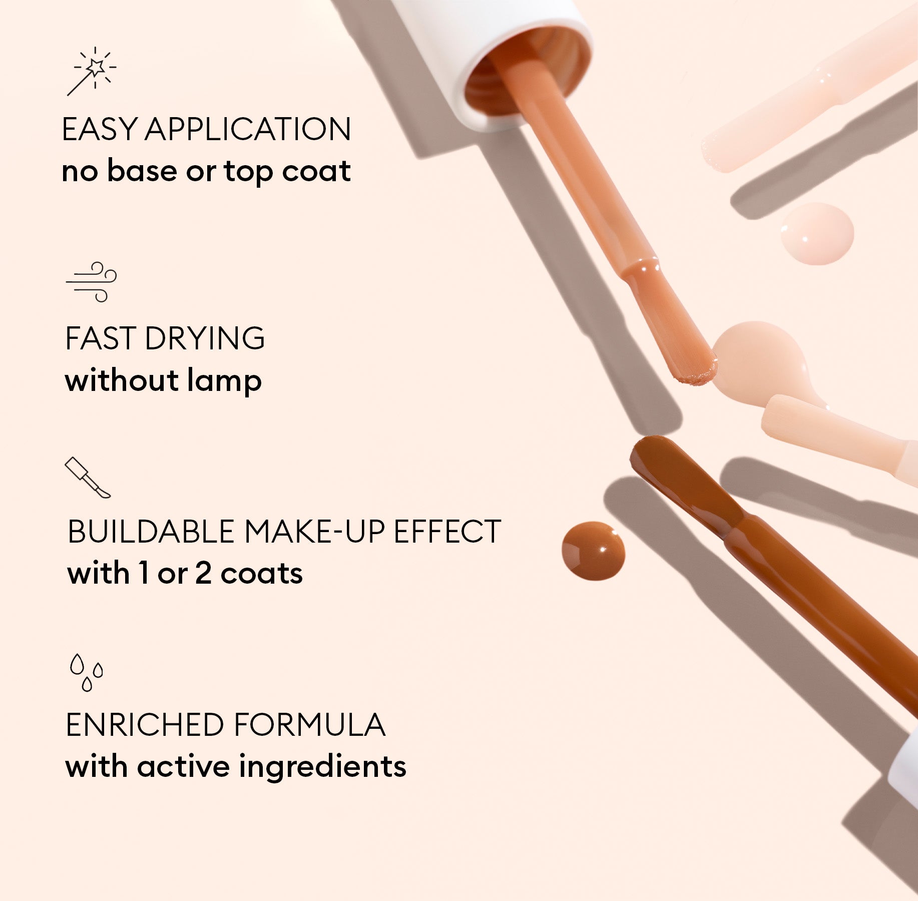 Four beige Manucurist Customisable Rainbow Active™ nail polishes with product spills on a light background. Text highlights easy application, fast drying, buildable effects, and an active ingredient-enriched formula for superior nail care.