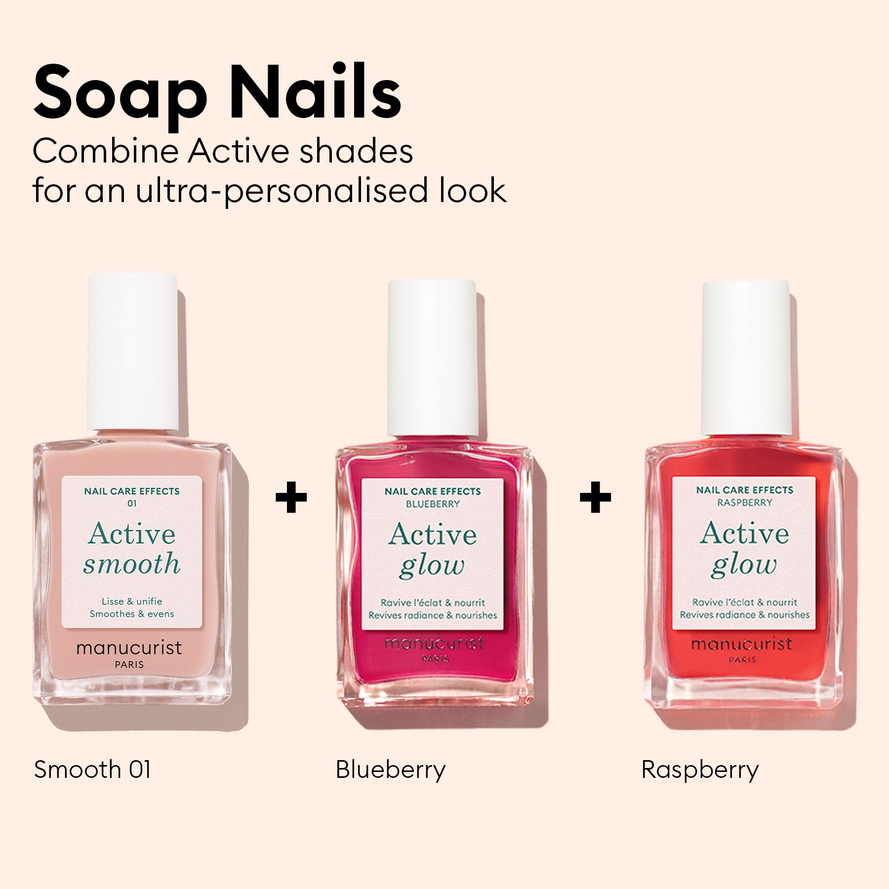 Three Manucurist Active Glow Raspberry nail polish bottles are arranged side by side with plus signs between them, highlighting nail care and natural radiance against a light background.