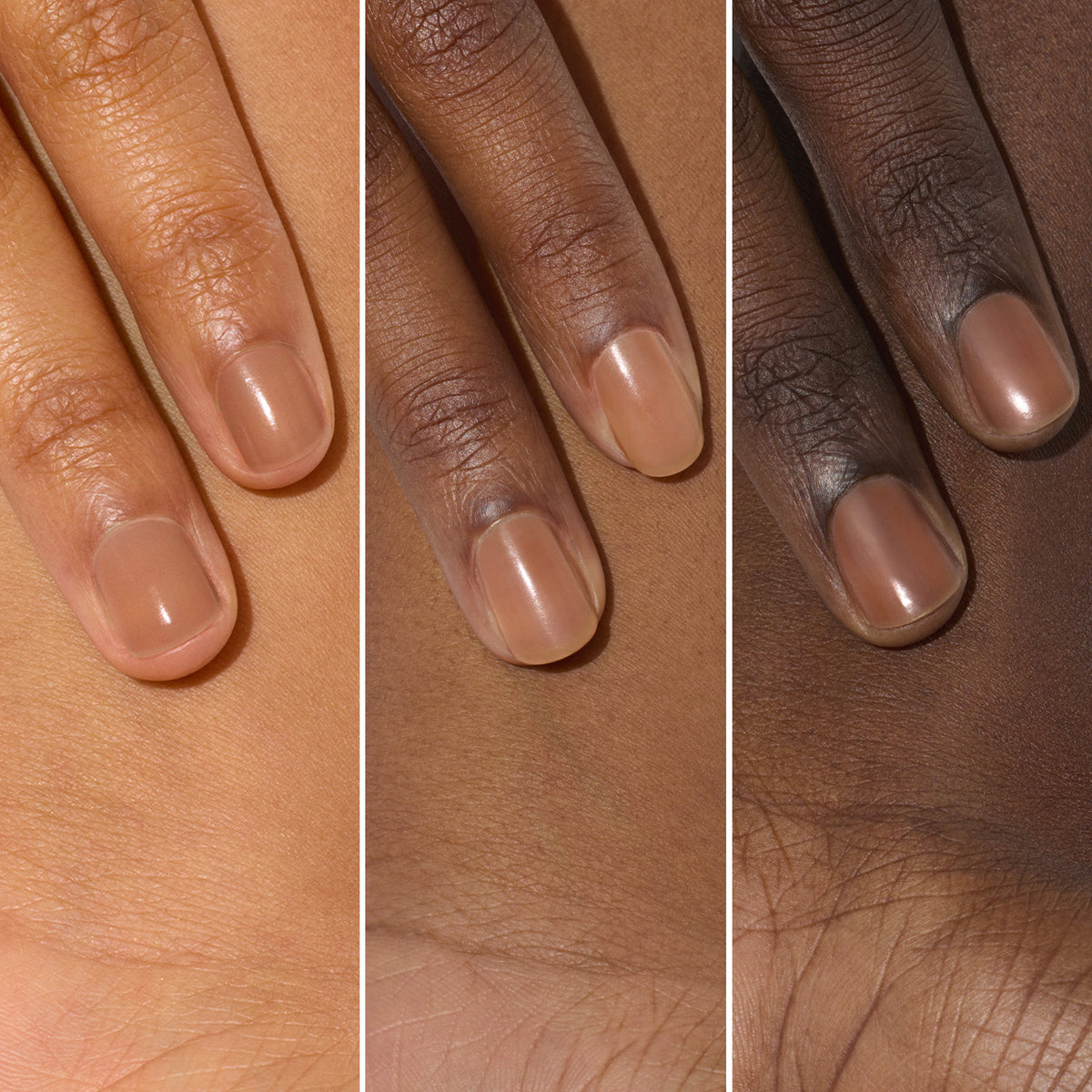 Three hands with different skin tones, each with neatly manicured nails painted in a nude shade that complements their complexion, showcase the results of Manucurist Active™ Smooth 03. The image is divided into three vertical sections, highlighting superior nail care and a flawless bronze satin finish on every nail.