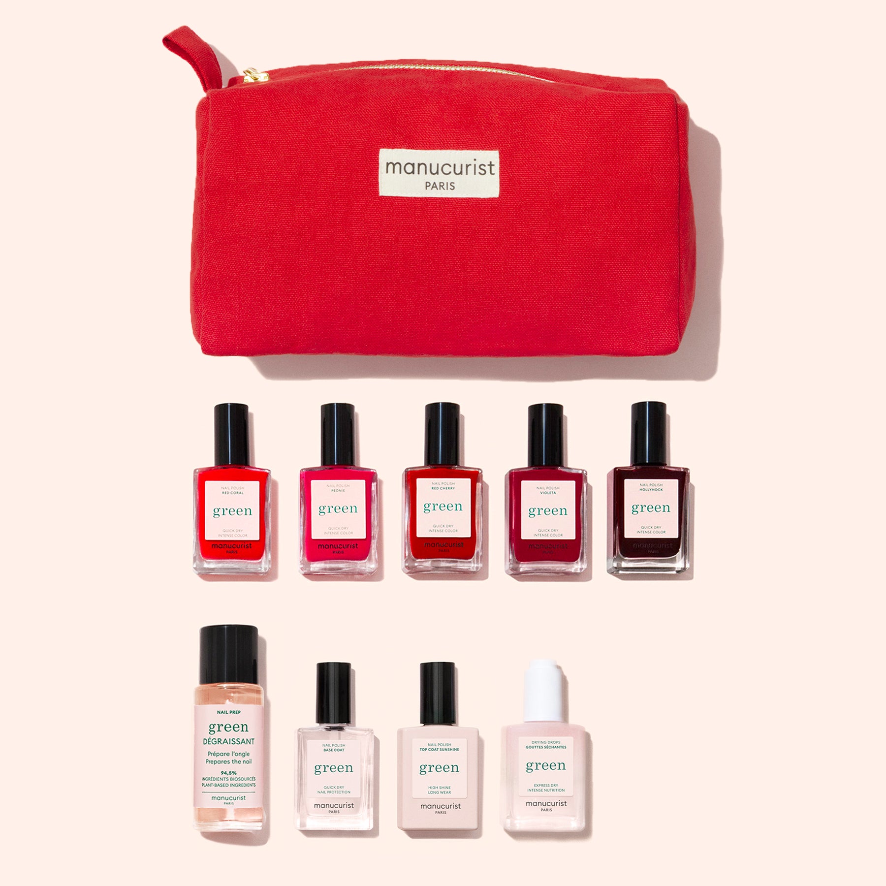 The Manucurist Super Starter Kit includes nine essentials like plant-based polishes, base and top coat, remover, and cuticle oil in a red zippered pouch—everything you need for a gel effect manicure.