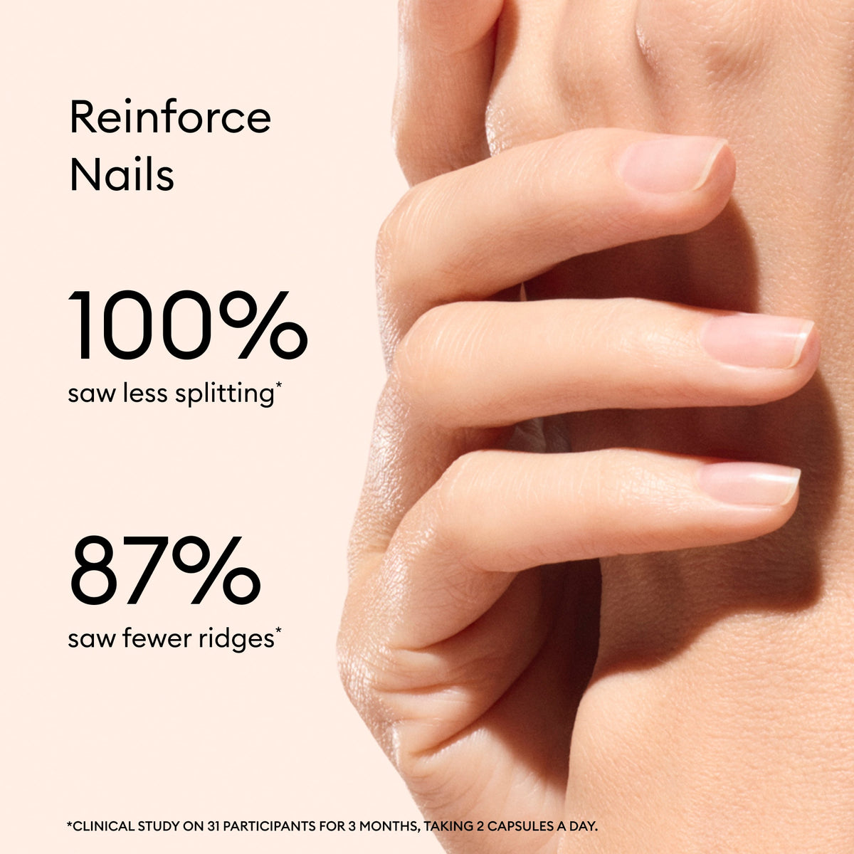 A close-up of a hand with healthy nails appears next to text: “Nail Boost by Manucurist: 100% saw less splitting. 87% saw fewer ridges,” with a note that results are from a 3-month clinical study on 31 participants taking nail supplements.