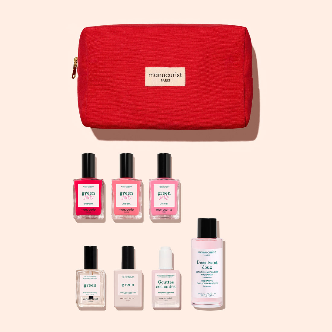 Introducing the Manucurist Starter Kit – Jelly Nail Polish: a vibrant red organic cotton pouch containing seven assorted nail care essentials from Manucurist, including gel-effect nail polishes, remover, and treatments, elegantly arranged below the pouch on a light background—your ideal green manicure kit for an at-home routine.