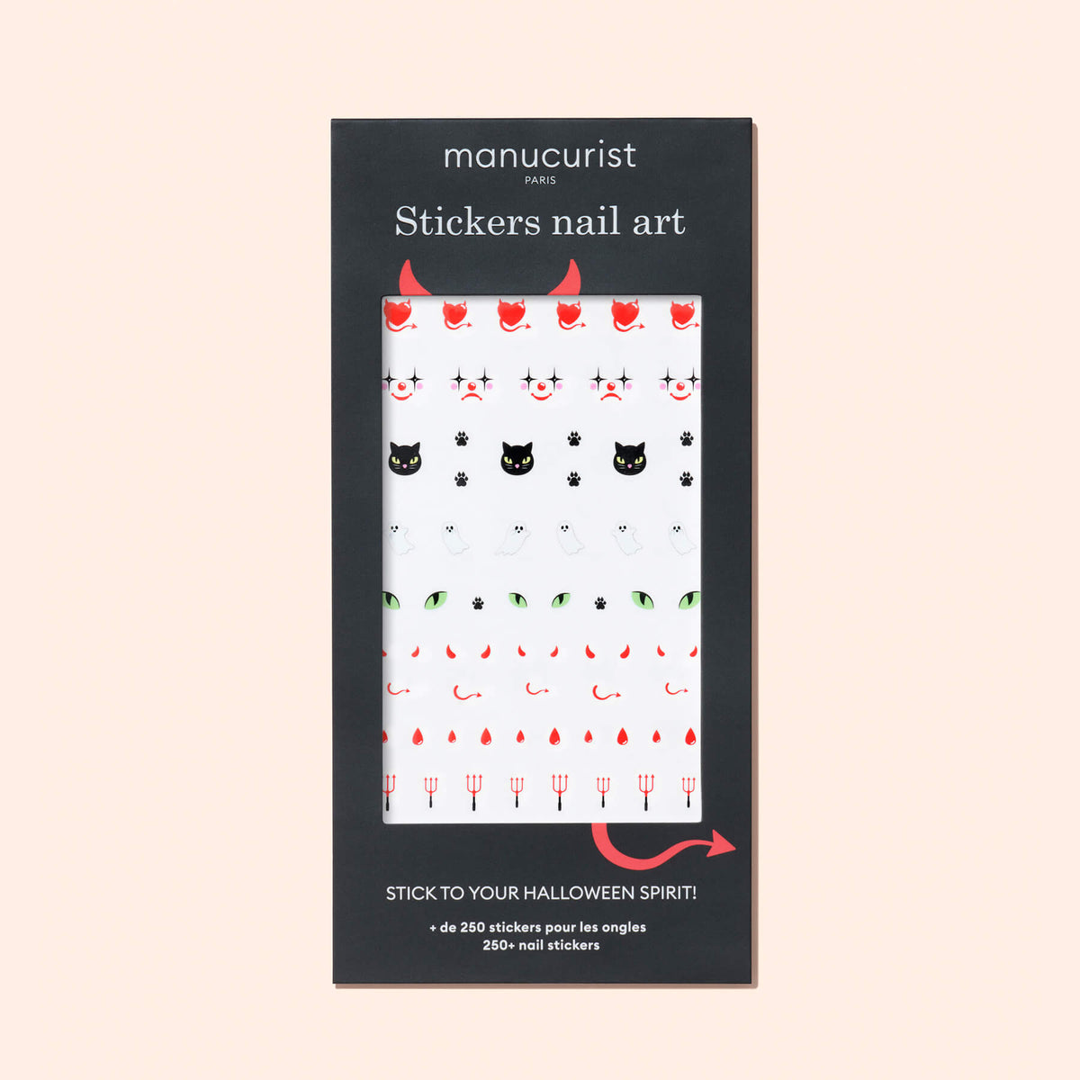 Manucurist Halloween Nail Art Stickers feature black cats, red devils, pitchforks, and skulls in a sleek black package with white text and a clear window to display the spooky designs—perfect for Halloween manicures.