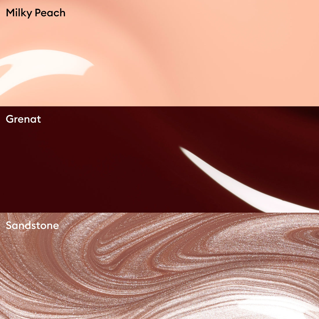 Manucurist’s Trio Collections features three striking shades—Milky Peach (a soft peach), Grenat (a bold deep red), and Sandstone (a shimmering swirled beige)—each separated by crisp, solid lines for a modern look that captures the latest manicure trends. This curated palette is perfect for inspiring your next nail color combination.