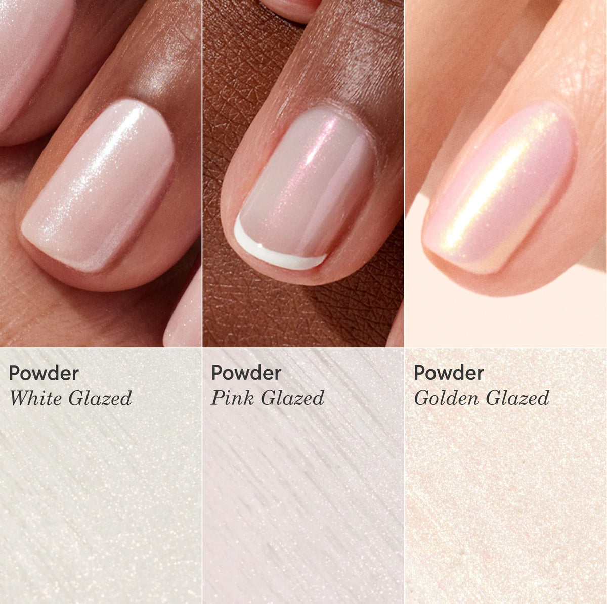 Close-up of three manicured nails with different shimmery finishes—white, pink, and golden—created using Manucurist Glitters and Effect Powders Trios over gel polish. Matching powder swatches labeled with each shade name are shown below.