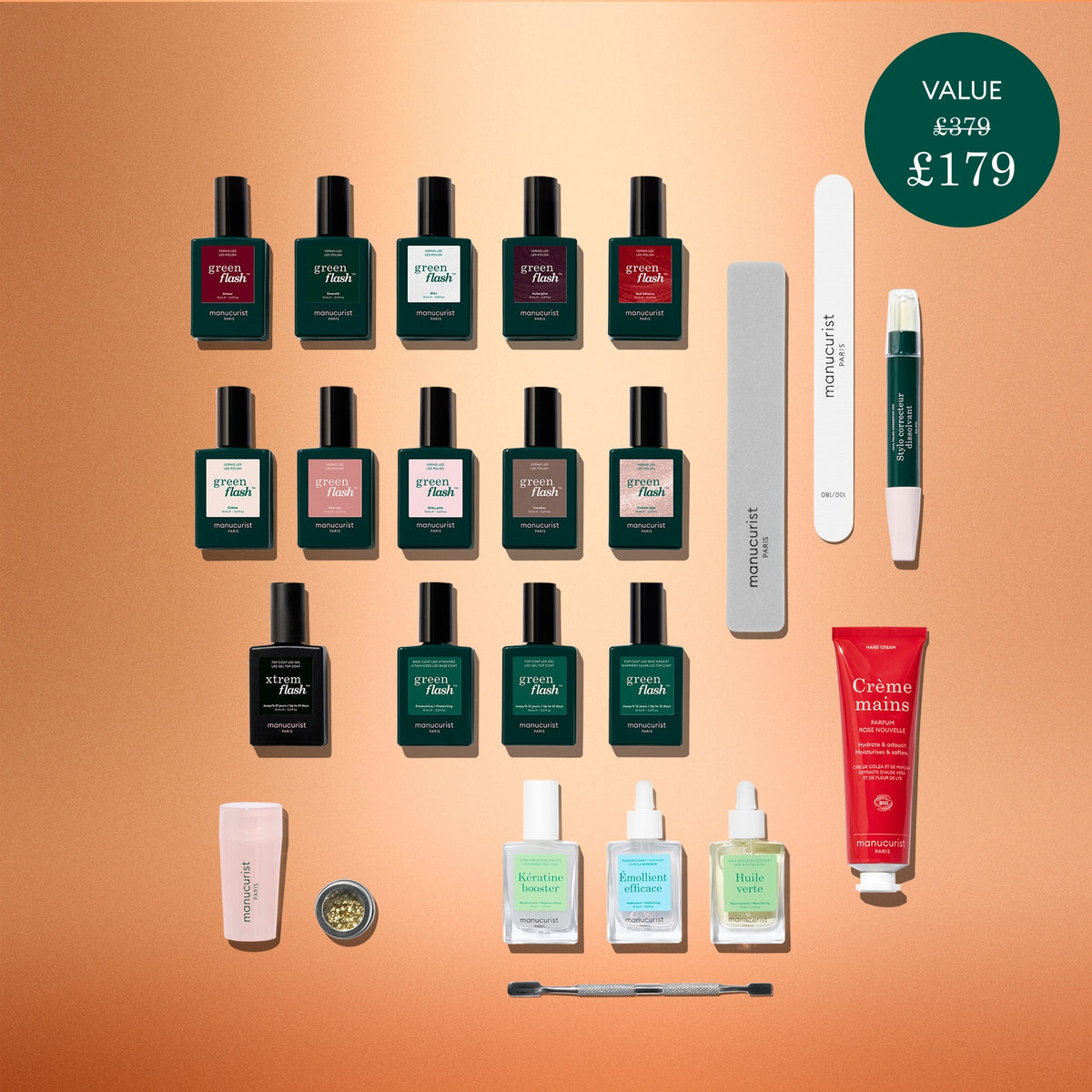A flat lay of 17 Manucurist nail polish bottles, nail tools, hand cream, and a label showing Value £379, £179. The Manucurist Advent Calendar Time to Flash! set is arranged neatly on an orange background—perfect for creating a gel polish manicure at home.