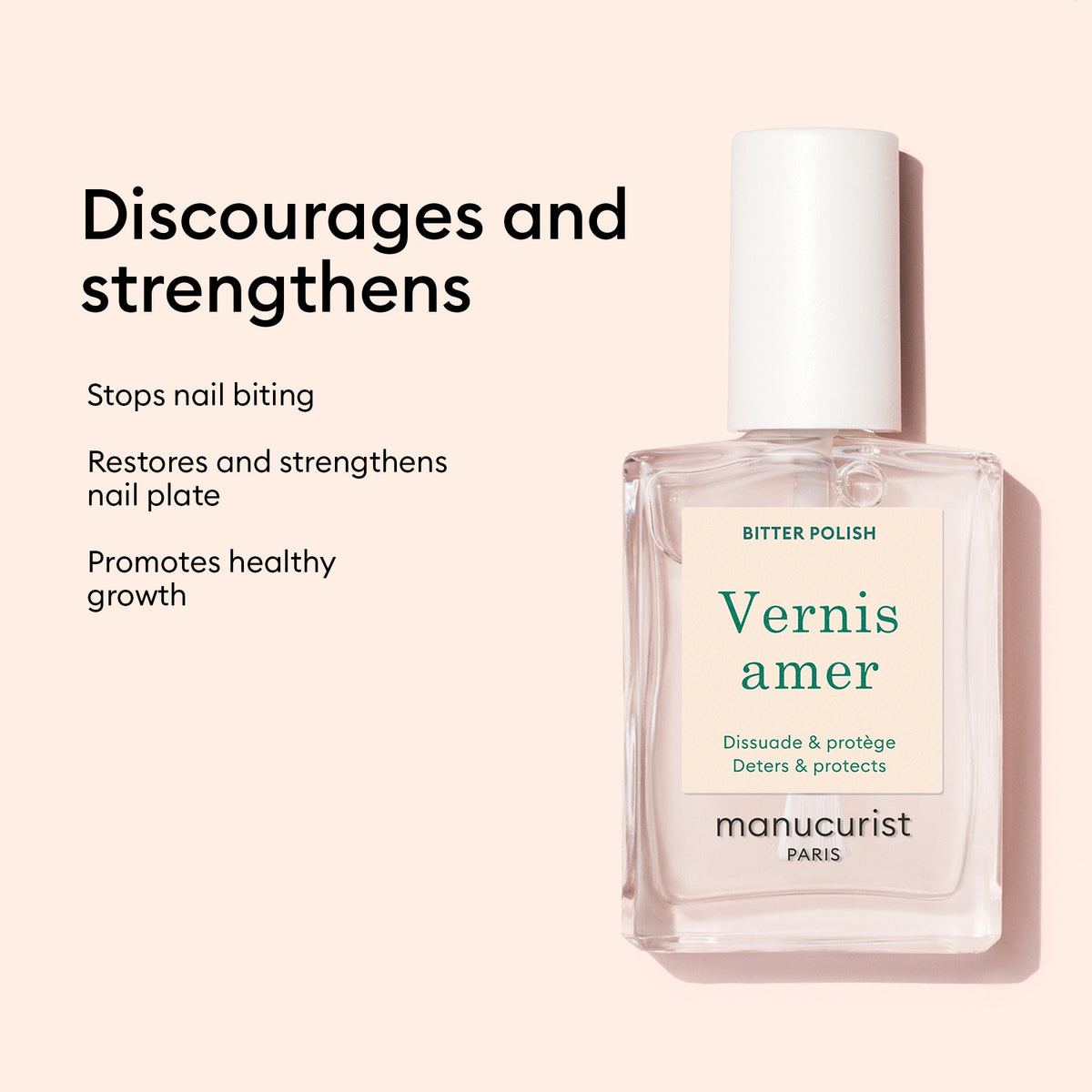 Manucurist Bitter Polish, a nail strengthener and anti-bite solution, is shown with text highlighting its ability to discourage nail biting, restore the nail plate, and support healthy nail growth.