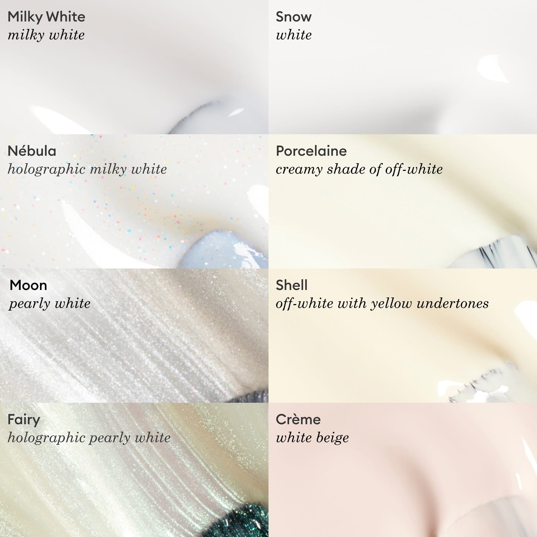 A grid of eight Manucurist nail polish swatches labeled with shade names showcases options like Milky White and other sheer Green range colors, offering a chic, natural look.