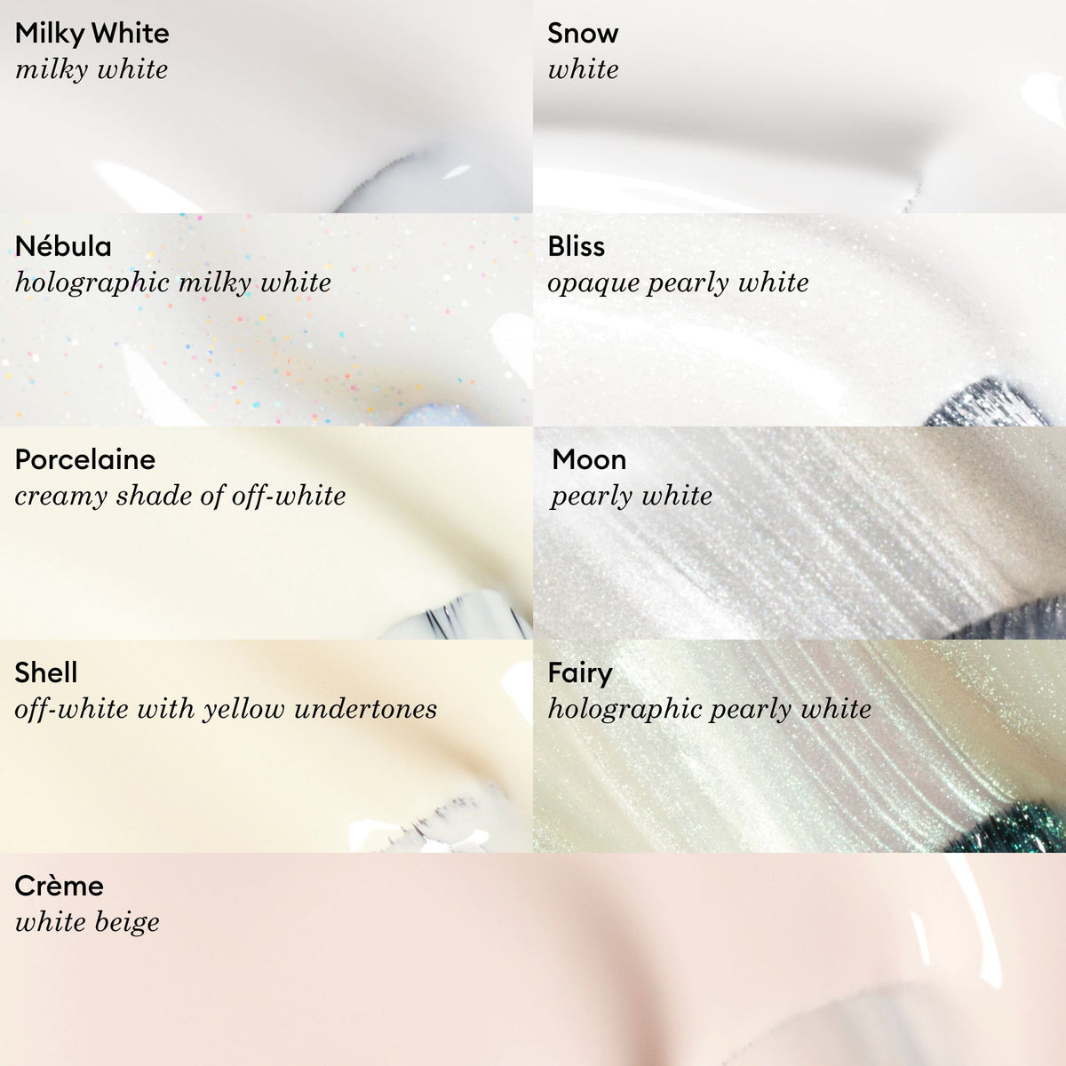 A grid of eight Manucurist nail polish swatches labeled with shade names showcases options like Milky White and other sheer Green range colors, offering a chic, natural look.