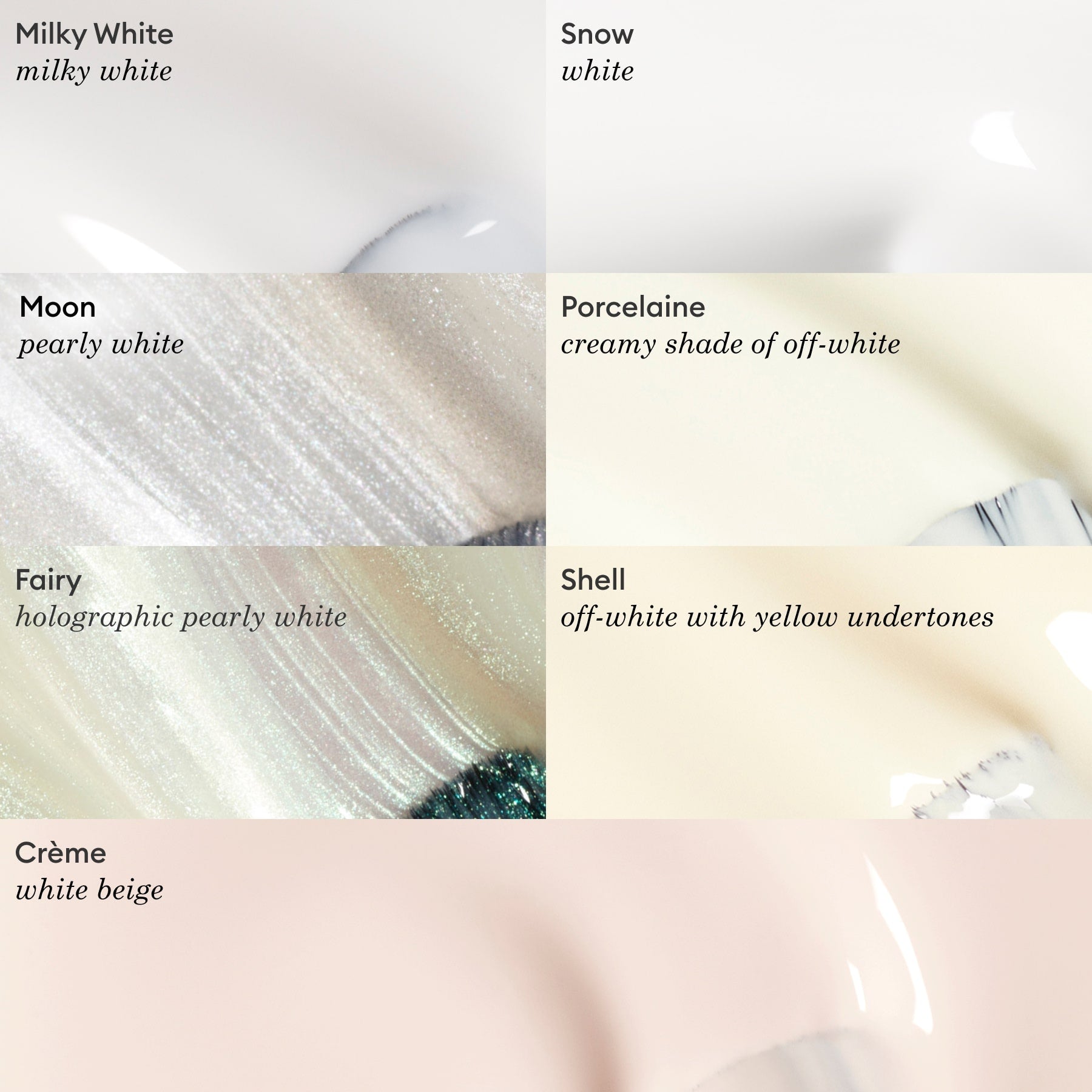 A grid of eight Manucurist nail polish swatches labeled with shade names showcases options like Milky White and other sheer Green range colors, offering a chic, natural look.