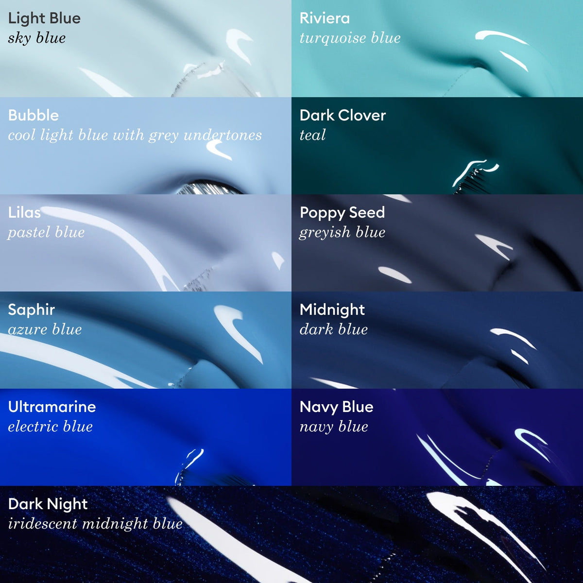 A grid of 10 blue nail polish swatches from Manucurist&