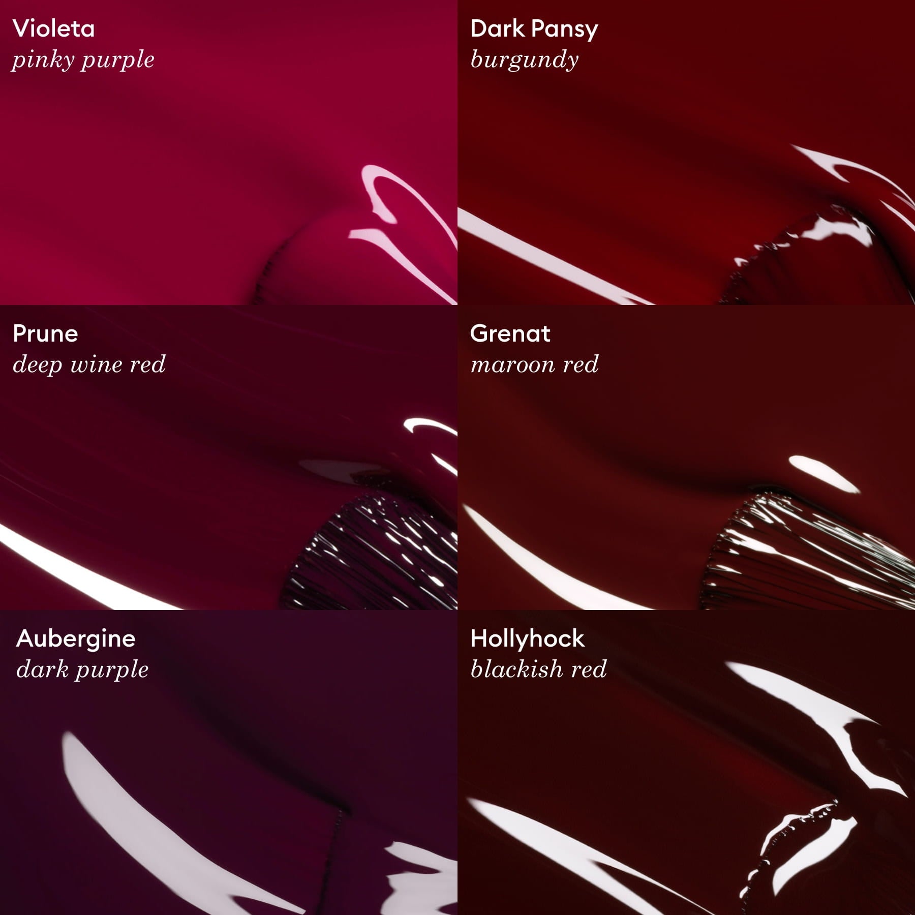Five glossy, velvet nail polish swatches evoke a vintage purple palette: Violeta (pinky purple), Dark Pansy (burgundy), Manucurist Prune (deep red wine), Hollyhock, and Aubergine.