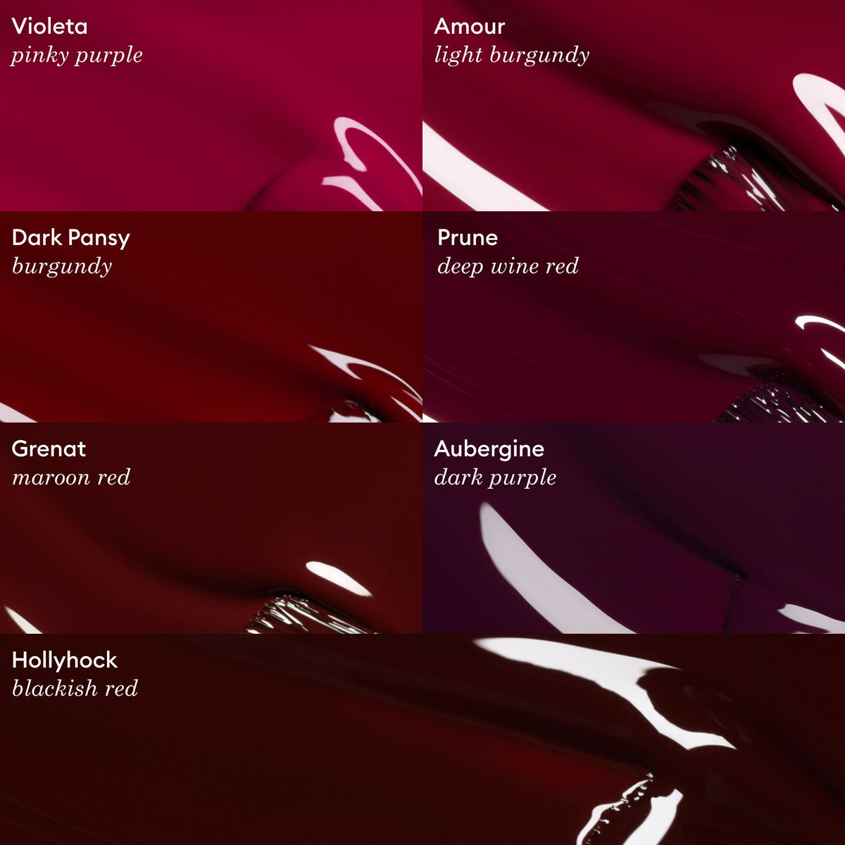 Five glossy, velvet nail polish swatches evoke a vintage purple palette: Violeta (pinky purple), Dark Pansy (burgundy), Manucurist Prune (deep red wine), Hollyhock, and Aubergine.