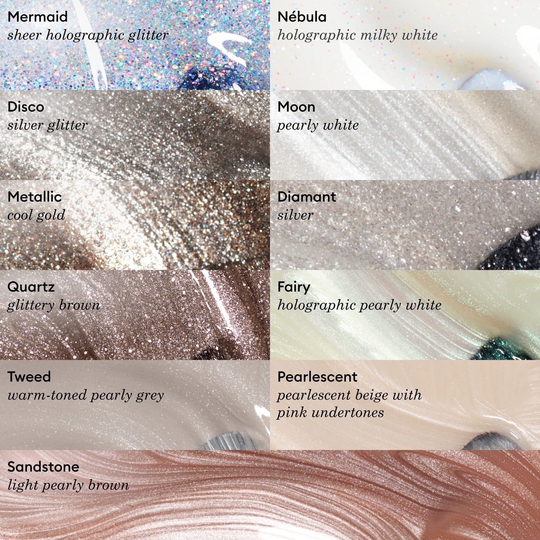 A grid displays eight Manucurist Moon nail polish swatches: holographic glitters, silver, gold, Green Flash gel, pearly white gel, pink undertones, glittery brown, and warm pearl grey—each labeled with its name.